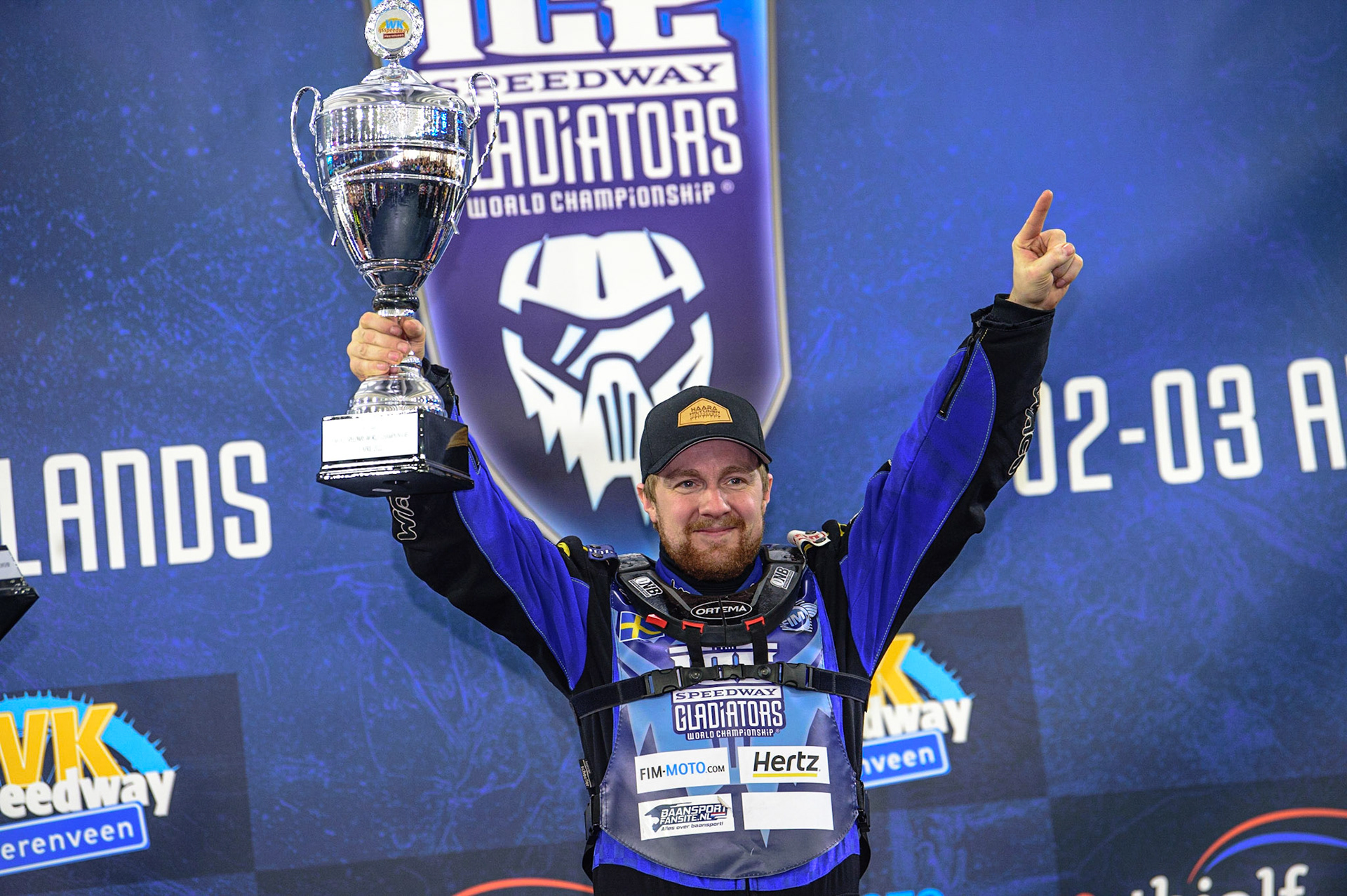 HEERENVEEN, NL.  Martin Hååruhiltunen (199)  with his trophy for winning Sunday’s final during the FIM Ice Speedway Gladiators World Championship Final 4 at Ice Rink Thialf, Heerenveen on Sunday  3 April 2022. (Credit: Ian Charles | MI News)