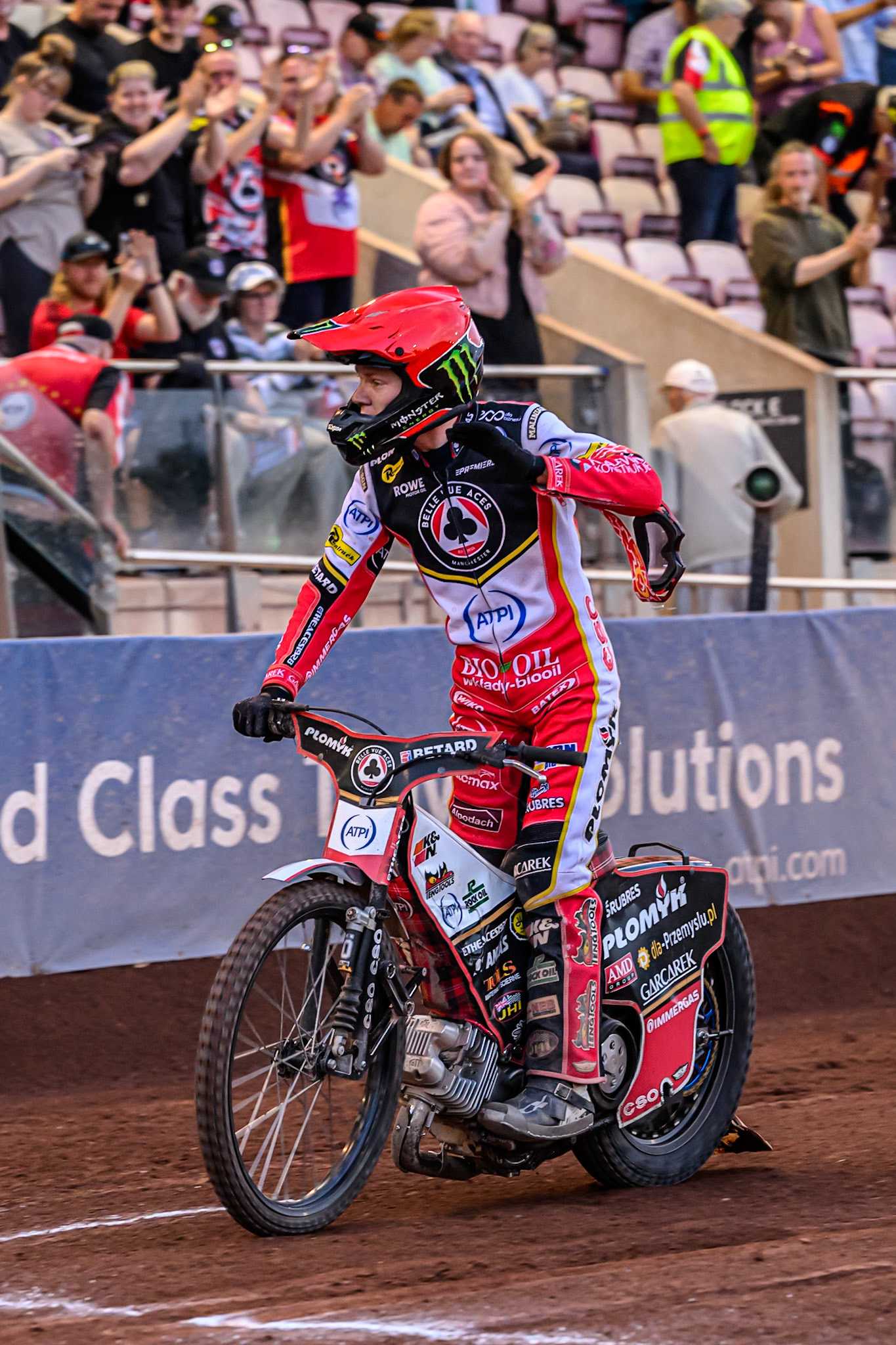 Belle Vue Aces' Dan Bewley acknowledges the fans after the final heat during the Rowe Motor Oil Premiership match between Belle Vue Aces and Ipswich Witches at the National Speedway Stadium, Manchester on Monday 30th June 2025. (Photo: Ian Charles | MI News)
