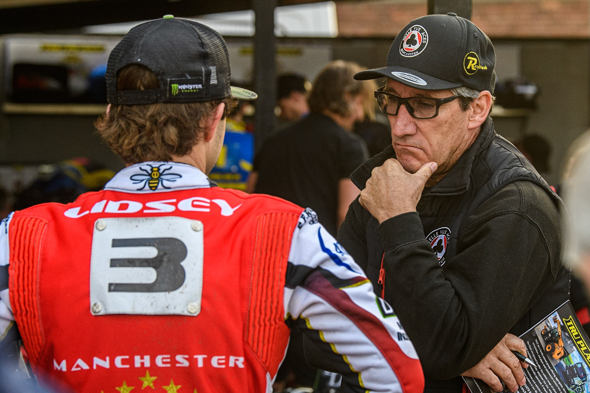 Belle Vue ATPI Aces Team Manager Mark Lemon   (right) chats with Jaimon Lidseyduring the Sports Insure Premiership match between Sheffield Tigers and Belle Vue Aces at Owlerton Stadium, Sheffield on Thursday 20th July 2023. (Photo: Ian Charles | MI News)