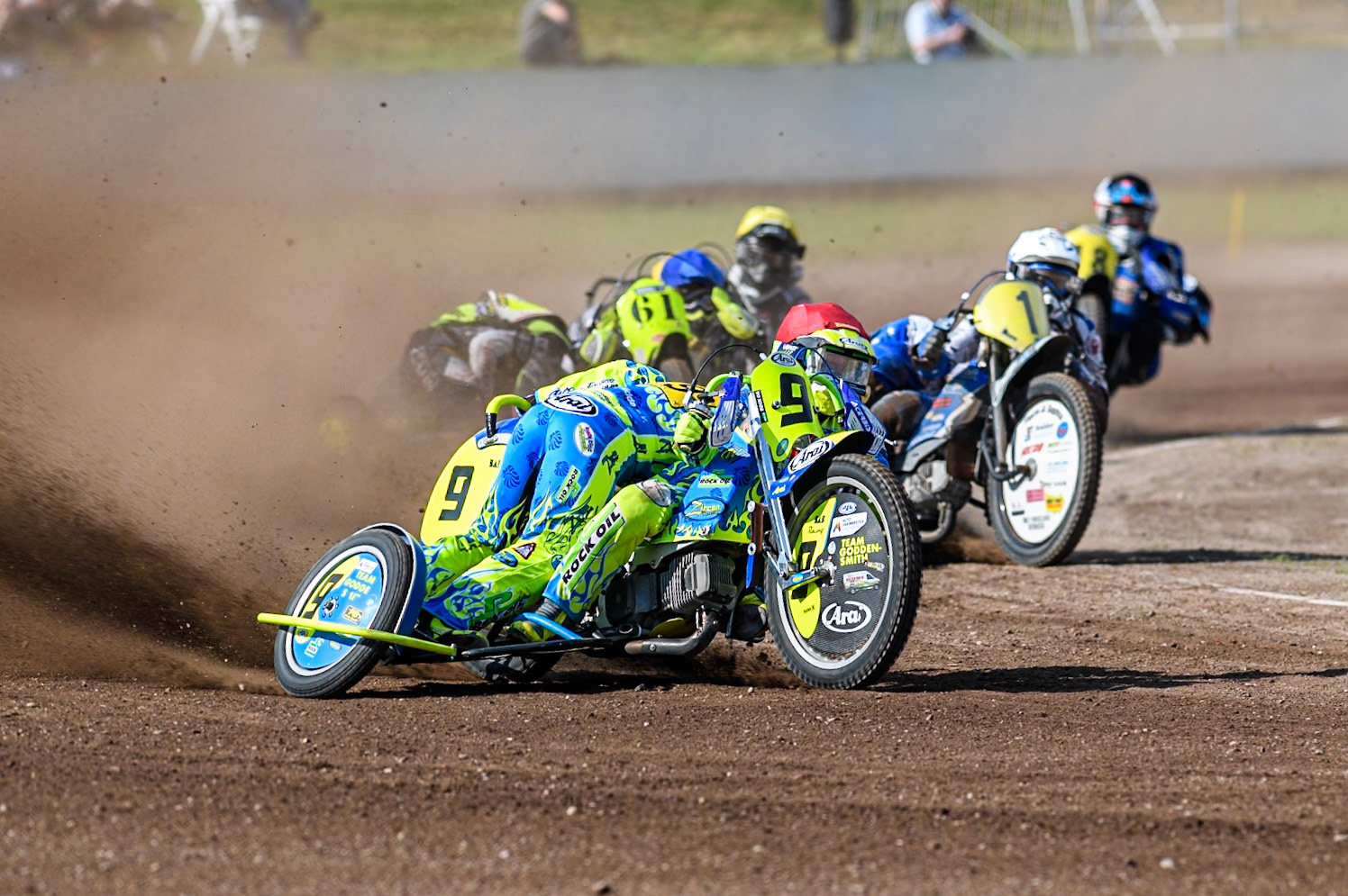 Mitch Goddard &amp; Paul Smith (9) of Great Britain in Red leading Wilfred Detz &amp; Britget Portijk (1) of The Netherlands  in White in the Sidecar Support Class during the FIM Long Track World Championship Final 5 at the Speed Centre Roden, Roden, Netherlands on Sunday 22nd September 2024. (Photo: Ian Charles | MI News)
