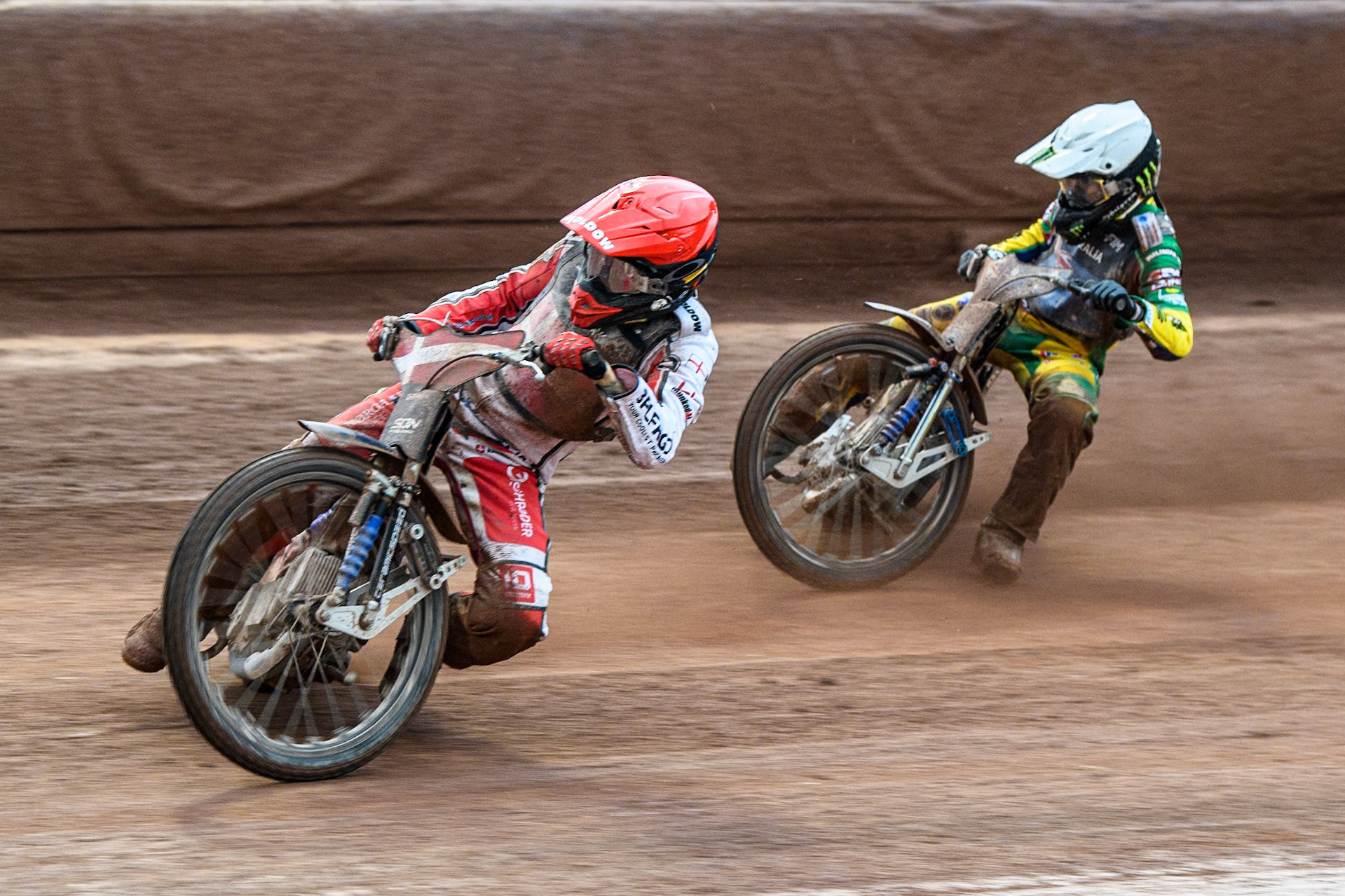Rasmus Jensen of Denmark in Red leading Jack Holder of Australia in White during the Monster Energy FIM Speedway of Nation Semi Final 2 at the National Speedway Stadium, Manchester on Wednesday 10th July 2024. (Photo: Ian Charles | MI News)