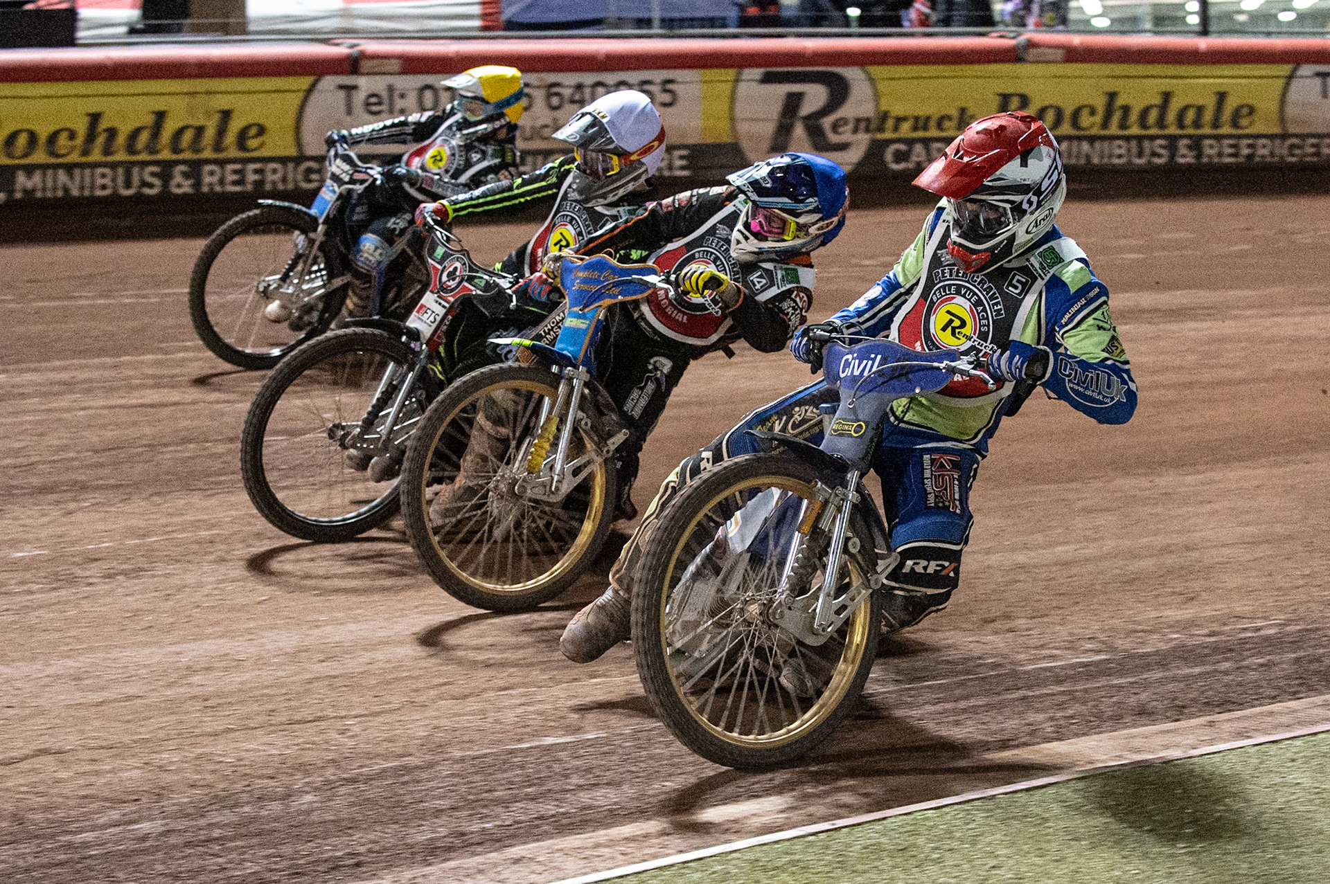 Photo: Ian CharlesRichie Worrall (Red) inside Kyle Howarth (Blue) Jye Etheridge (White) and Jason Doyle (Yellow)Peter Craven Memorial Trophy, National Speedway Stadium, Manchester Thursday  22  October  2020