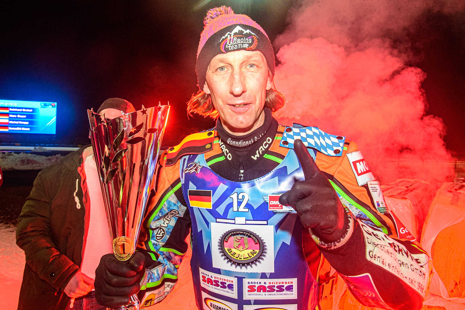 The new German Champion, Markus Jell during the German Individual Ice Speedway Championship at Horst-Dohm-Eisstadion, Berlin on Friday 3rd March 2023. (Photo: Ian Charles | MI News)