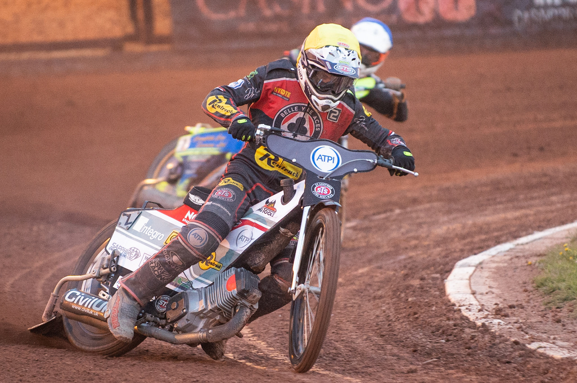 Photo by Ian Charles:

Steve Worrall  (Yellow) leads Kyle Howarth (Blue)

Wolverhampton Wolves v Belle Vue Aces, British Speedway Premiership 22 April 2019