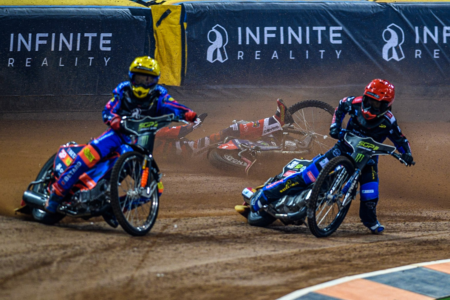 Steve Worrall (16) is a faller behind Leon Madsen (30) (Red)and Andzejs Lebedevs (29) (Yellow)during the FIM Speedway Grand Prix of Great Britain at the Principality Stadium, Cardiff on Saturday 2nd September 2023. (Photo: Ian Charles | MI News)