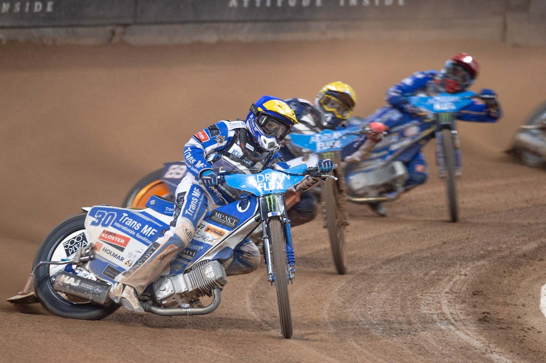 CARDIFF,WALES Leon Madsen (Blue) leads Emil Saijfutdinov (Yellow) and Bartoz Zmarzlik (Red) in the Grand Final during the ADRIAN FLUX BRITISH FIM SPEEDWAY GRAND PRIX at the Principality Stadium, Cardiff on Saturday 21st September 2019. (Credit: Ian Charles | MI News)