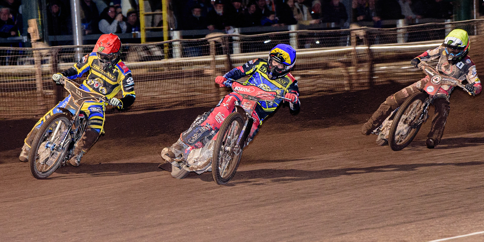 Jack Holder  (Red) and Tobiasz Musielak  (Blue) lead Dan Bewley  (Yellow) during the Sheffield Tigers vs Belle Vue Aces meeting in the SGP Premiership at Owlerton Stadium, Sheffield on Thursday 23rd March 2023. (Photo: Ian Charles | MI News)