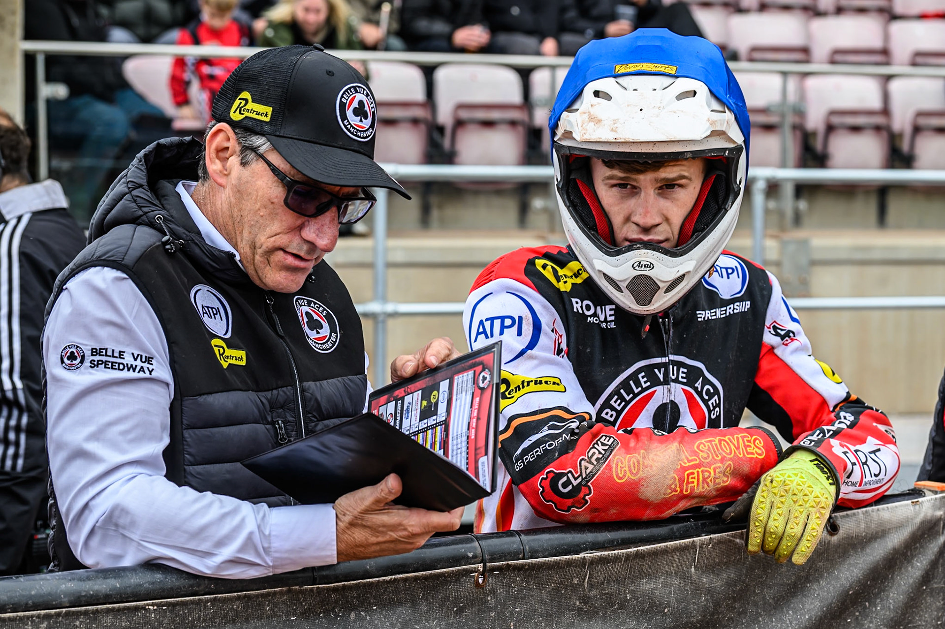 Belle Vue Aces' Team Manager Mark Lemon (Left) with Belle Vue Aces' Jake Mulford during the Rowe Motor Oil Premiership match between Belle Vue Aces and Oxford Spires at the National Speedway Stadium, Manchester on Monday 26th May 2025. (Photo: Ian Charles | MI News)