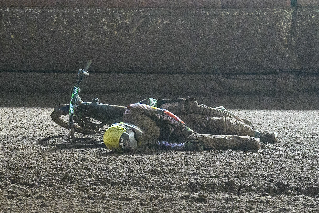 Charles Wright  is a faller during the Sports Insure British Speedway Final at the National Speedway Stadium, Manchester on Monday 14th August 2023. (Photo: Ian Charles | MI News)