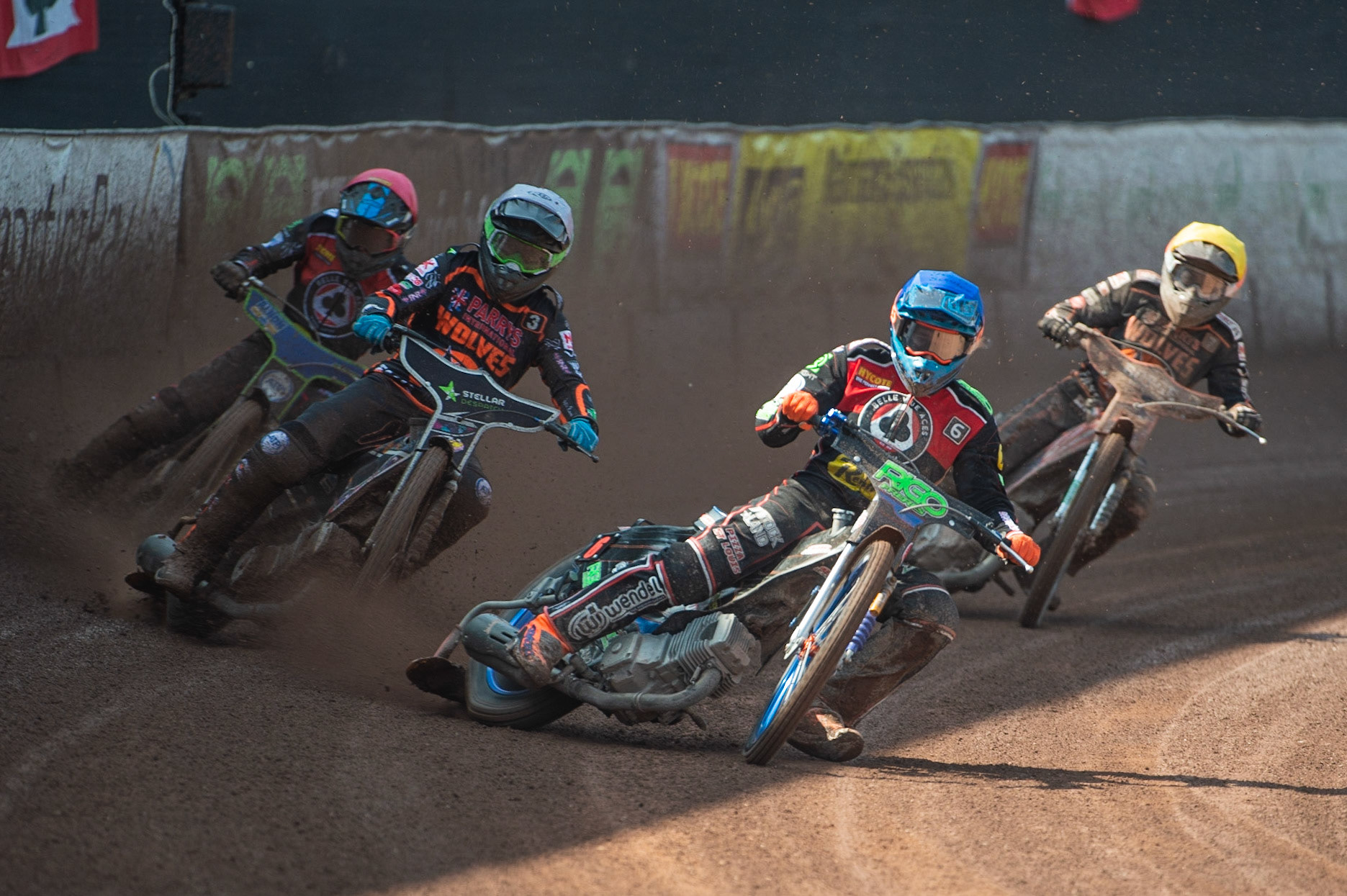 Photo by Ian Charles:

Dimitri Bergé  (Blue) leads Scott Nicholls  (White) Luke Becker  (Yellow) and Dan Bewley  (Red)

Belle Vue Aces v Wolverhampton Wolves, National Speedway Stadium, Manchester, Monday, 22, April, 2019