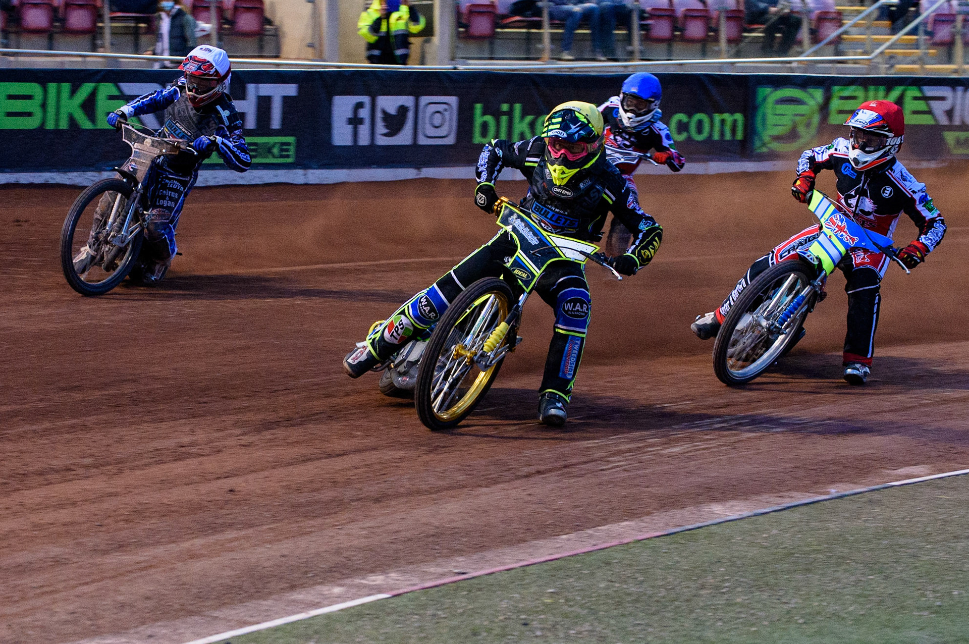 MANCHESTER, UK. MAY 28TH  Kieran Douglas  (Yellow) and Greg Blair (White) lead Benji Compton  (Red) and  Sam McGurk  (Blue) during the SGB National Development League match between Belle Vue Colts and Berwick Bullets at the National Speedway Stadium, Manchester on Friday 28th May 2021. (Credit: Ian Charles | MI News)