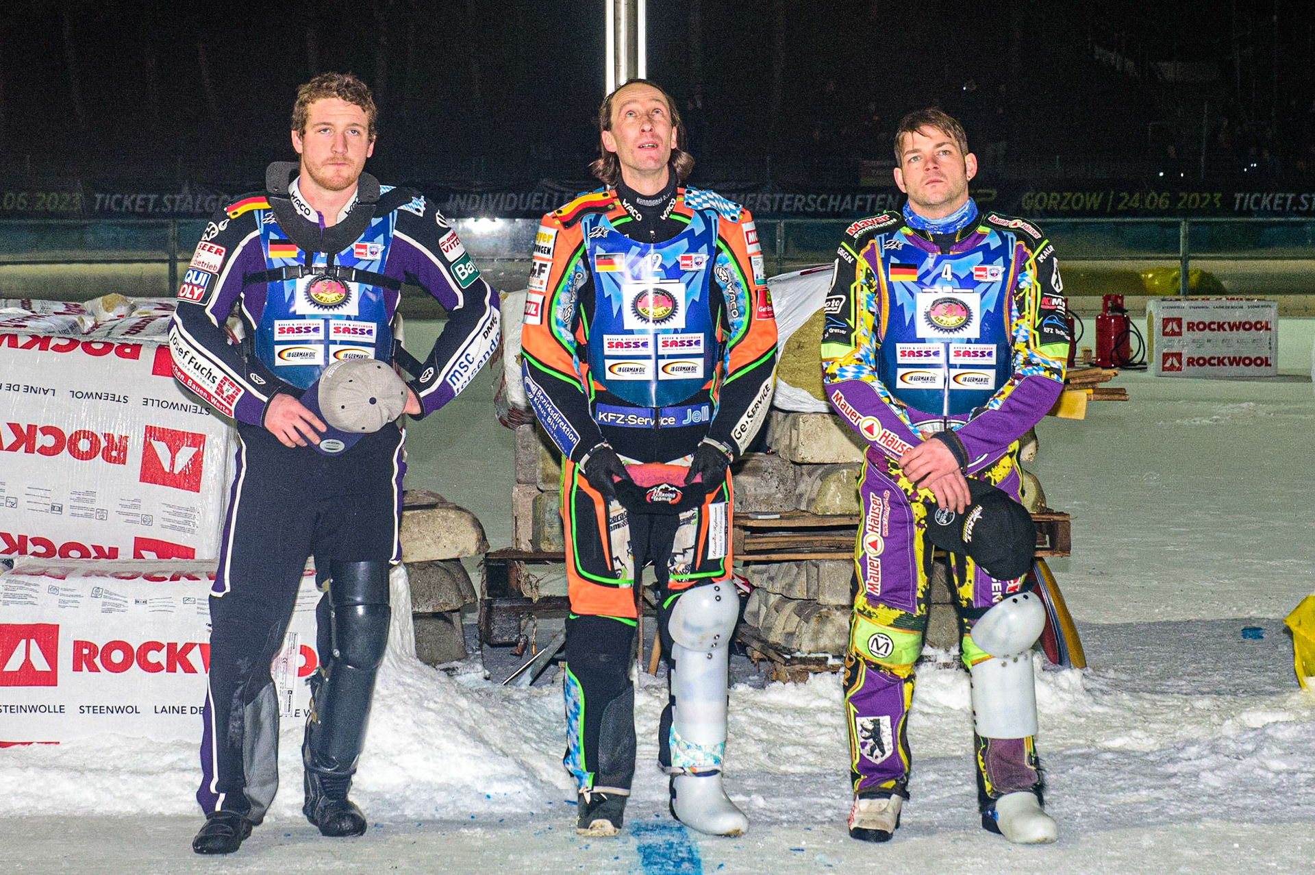 German Final Top3: (l-r) Benedikt Monn (3rd), Markus Jell (1st) and Max Neidermaier (2nd) during the German Individual Ice Speedway Championship at Horst-Dohm-Eisstadion, Berlin on Friday 3rd March 2023. (Photo: Ian Charles | MI News)