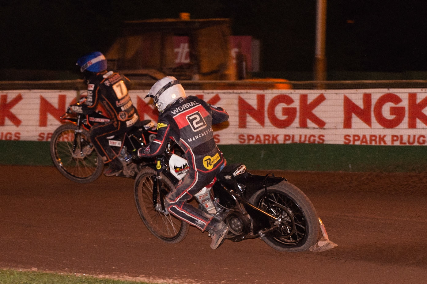 Photo by Ian Charles:

Steve Worrall  (White) chases Luke Becker  (Blue)

Wolverhampton Wolves v Belle Vue Aces, British Speedway Premiership 22 April 2019
