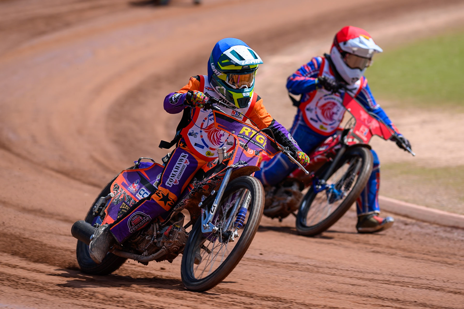 125cc SUPPORT CLASS Seb Kelly (57) in Blue leading Aston Knott (89) in Red during the  British Youth Championship (125cc) at the National Speedway Stadium, Manchester on Sunday 19th July 2026. (Photo: Ian Charles | MI News)