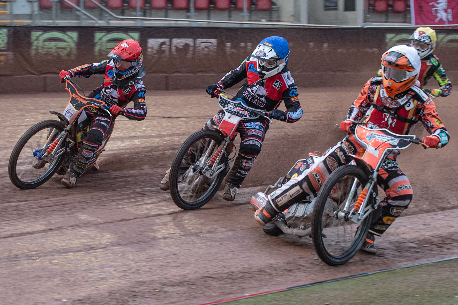 Photo: Ian Charles

Jordan Jenkins (White) inside Danny Phillips  (Blue)and Jordan Palin  (Red) with David Wallinger  (Yellow) behind

Belle Vue Colts v Kent Kings, SGB National League, Belle Vue National Speedway Stadium, Manchester, Thursday 1  August  2019