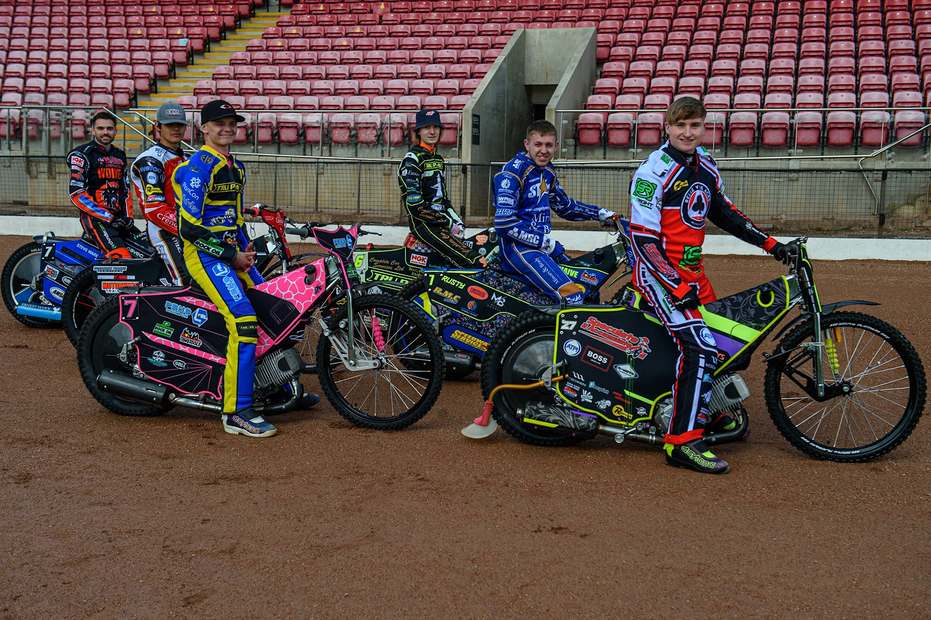 Photo: Ian CharlesThe Rising Stars: (l-r) Tom Bacon, Jordan Palin, Josh Bates, Drew Kemp, Ryan Kinsley, Tom BrennanDiscovery Networks Eurosport Speedway Season Launch, National Speedway Stadium, Manchester Wednesday  12  May  2021
