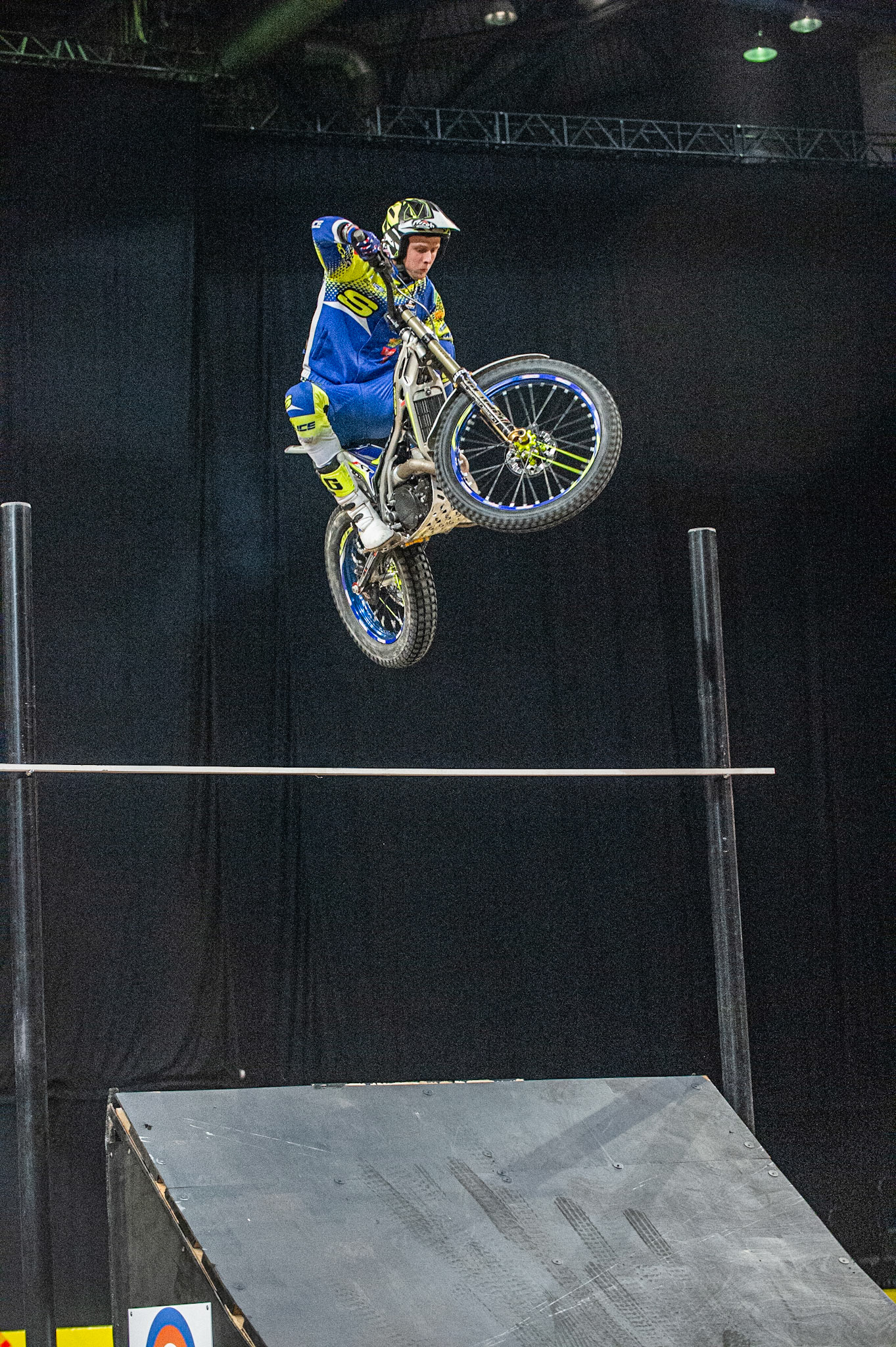SHEFFIELD, ENGLAND  - DECEMBER 28TH   Jeroni Fajardo, Spain (Sherco) on the high jump during the 25th Anniversary Sheffield Indoor Trial at the FlyDSA Arena, Sheffield on Saturday 28th December 2019. (Credit: Ian Charles | MI News)