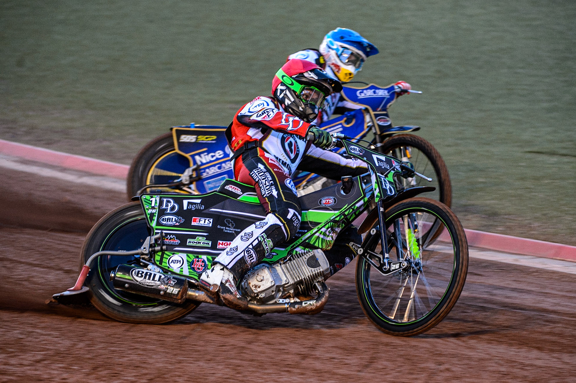 Charles Wright (Red) outside Robert Lambert (Blue) during the Peter Craven Memorial Trophy  at the National Speedway Stadium, Manchester on Monday 3rd April 2023. (Photo: Ian Charles | MI News)