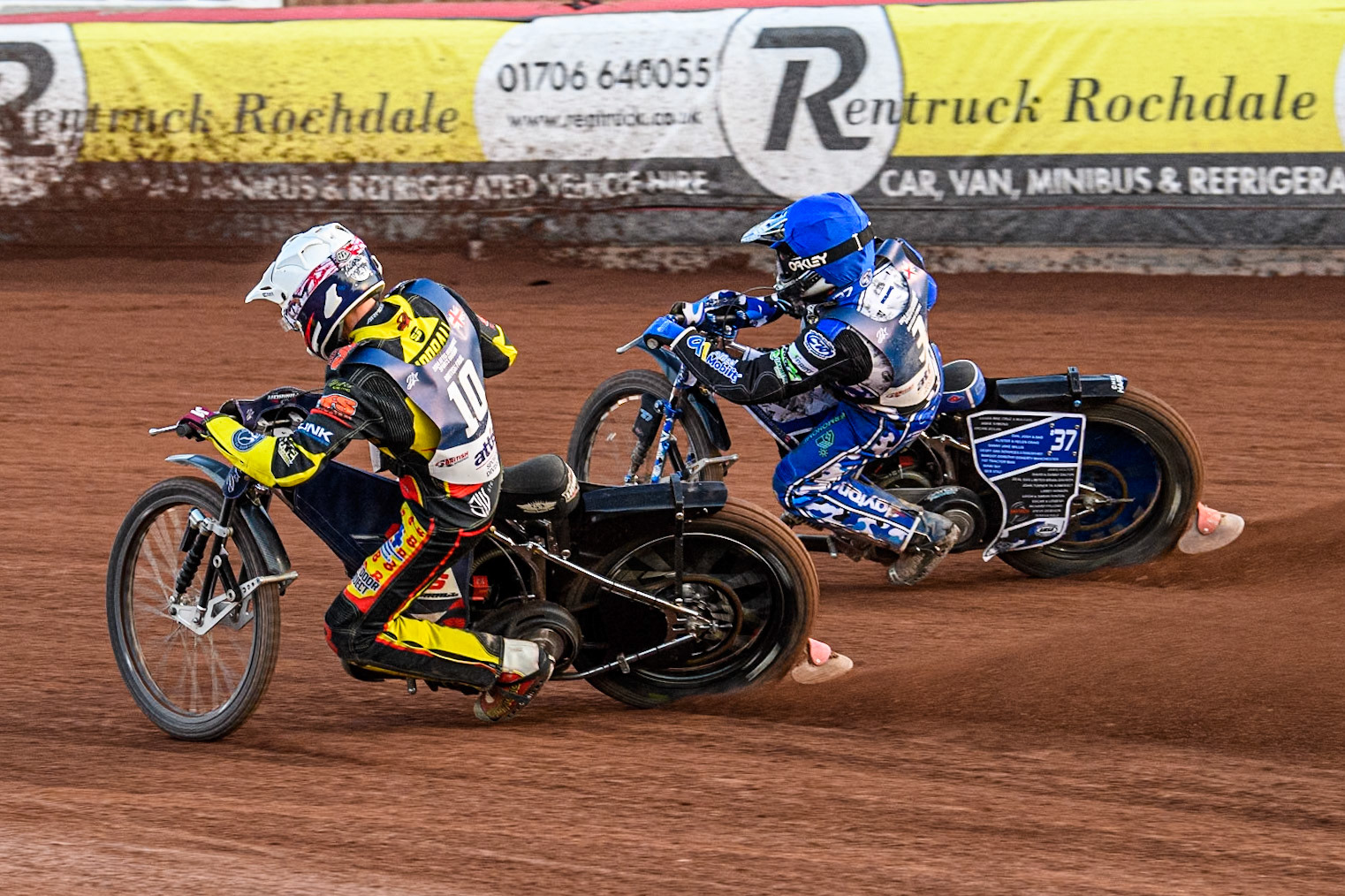 Steve Worrall in White rides inside Chris Harris in Blue during the Attis Insurance Sports Division British Speedway Championship Final at the National Speedway Stadium, Manchester on Saturday 8th June 2024. (Photo: Ian Charles | MI News)