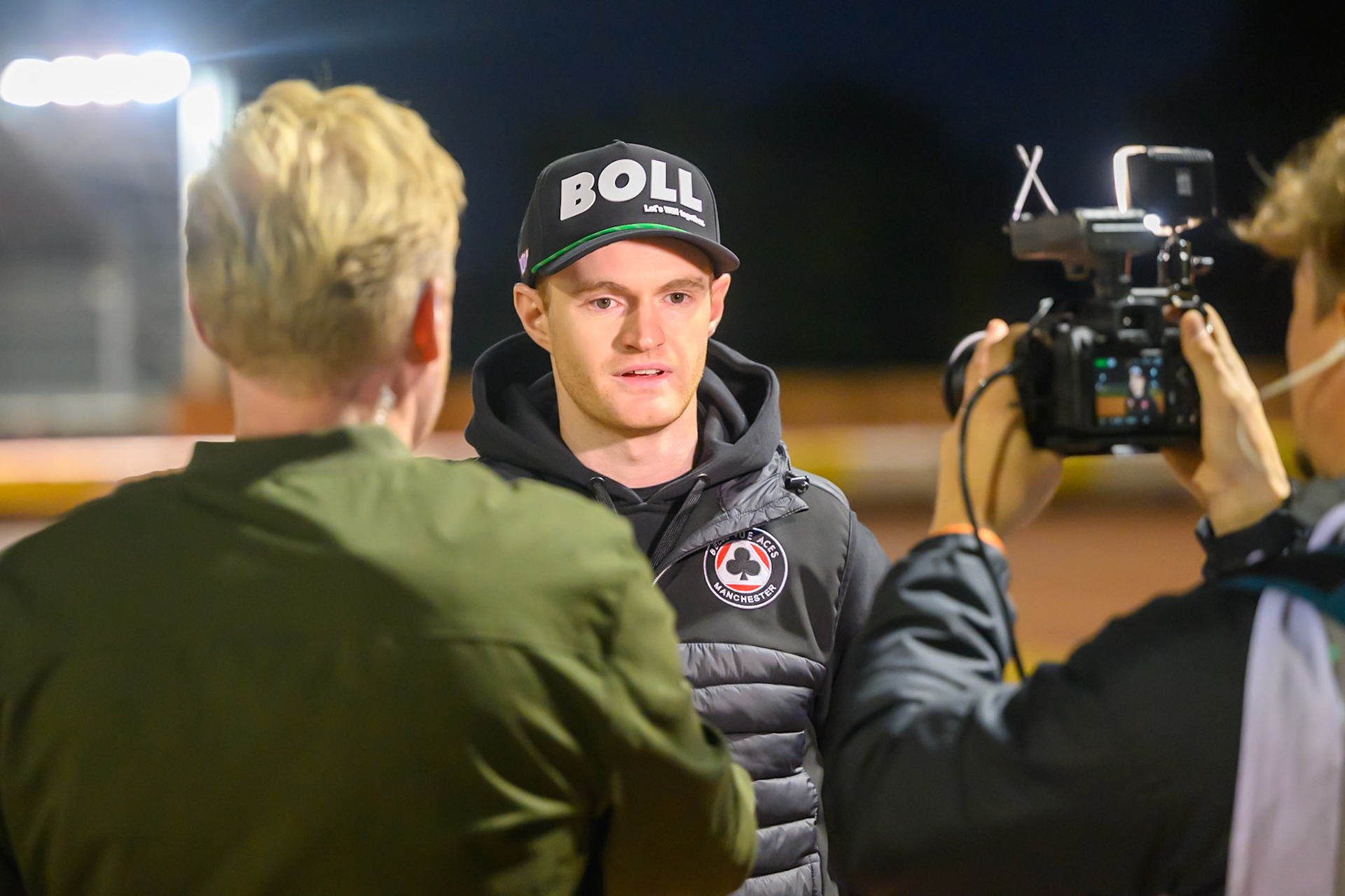 Brady Kurtz of Belle Vue Aces  (Centre) is interviewed by Ian Haslam of BBC North West live on air during the Rowe Motor Oil Premiership Grand Final 2nd Leg between Belle Vue Aces and Sheffield Tigers at the National Speedway Stadium, Manchester on Friday 16th October 2026. (Photo: Ian Charles | MI News)