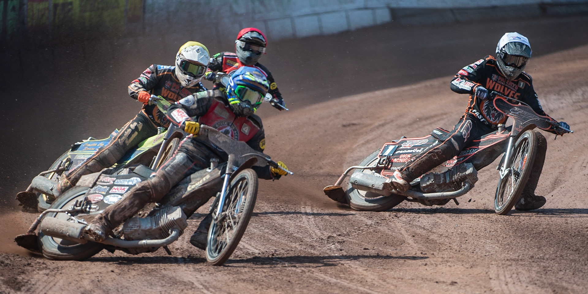 Photo by Ian Charles:

Ricky Wells  (Blue) leads Sam Masters  (White) Kenneth Bjerre  (Red) and Kyle Howarth  (Yellow)

Belle Vue Aces v Wolverhampton Wolves, National Speedway Stadium, Manchester, Monday, 22, April, 2019