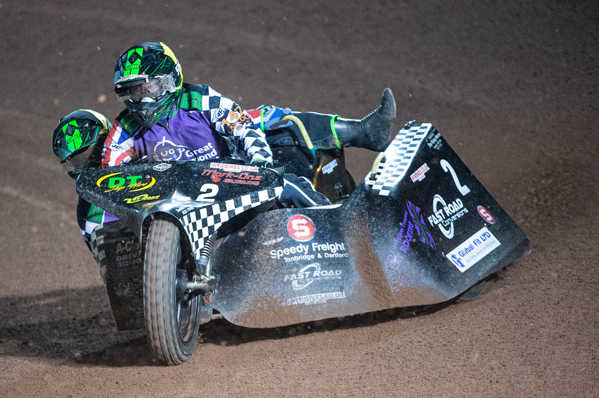 MANCHESTER, ENGLAND  Nevill Penfold & Kev Jones (2) in action  during the  ACU Sidecar Speedway Manchester Masters,  Belle Vue National Speedway Stadium, Manchester Saturday 12 October 2019 (Credit: Ian Charles | MI News)
