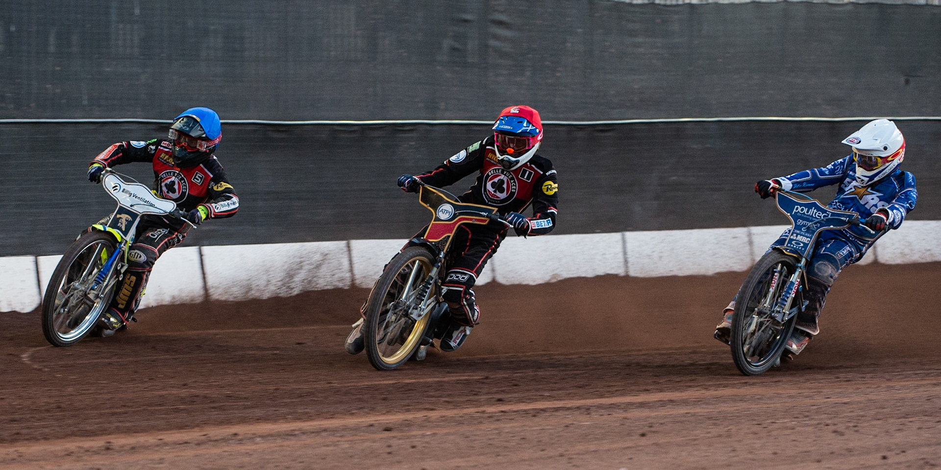 Photo: Ian Charles

​Kenneth Bjerre​​  (Blue), ​Max Fricke   (Red) and ​Robert Lambert  (White) race down the back straight

Belle Vue Aces v Kings Lynn Stars, British Speedway Premiership, Belle Vue National Speedway Stadium, Manchester, Thursday 16  May  2019