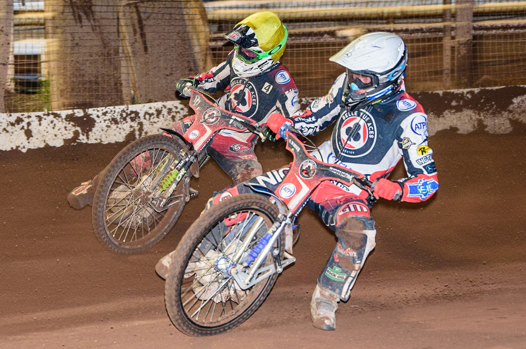 Matej Zagar (White) and Charles Wright  in action  for Belle Vue ATPI Aces  during the SGB Premiership match between Sheffield Tigers and Belle Vue Aces at Owlerton Stadium, Sheffield on Thursday 22nd September 2022. (Credit: Ian Charles | MI News)