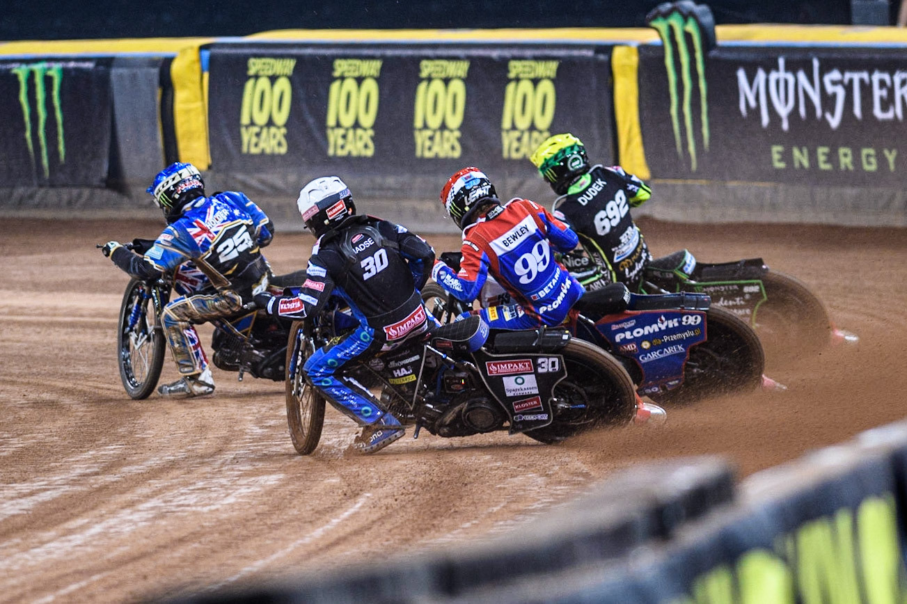 Jack Holder (25) (Blue) leads  Leon Madsen (30) (White), Dan Bewley (99) (Red) and Patryk Dudek (692) (Yellow) during the FIM Speedway Grand Prix of Great Britain at the Principality Stadium, Cardiff on Saturday 2nd September 2023. (Photo: Ian Charles | MI News)