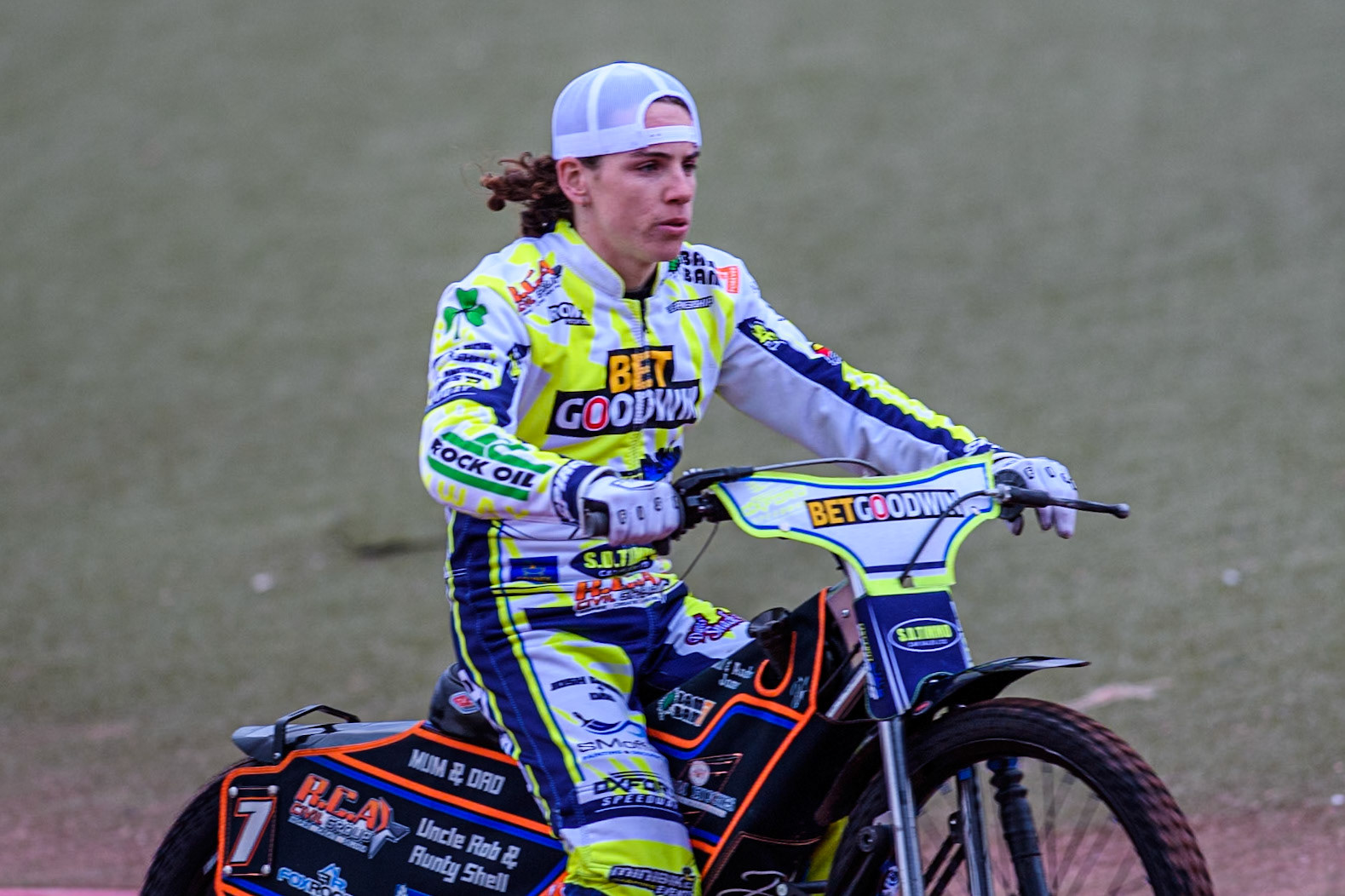 Oxford Spires' Luke Killeen on the parade lap during the Rowe Motor Oil Premiership match between Belle Vue Aces and Oxford Spires at the National Speedway Stadium, Manchester on Monday 14th April 2025. (Photo: Ian Charles | MI News)