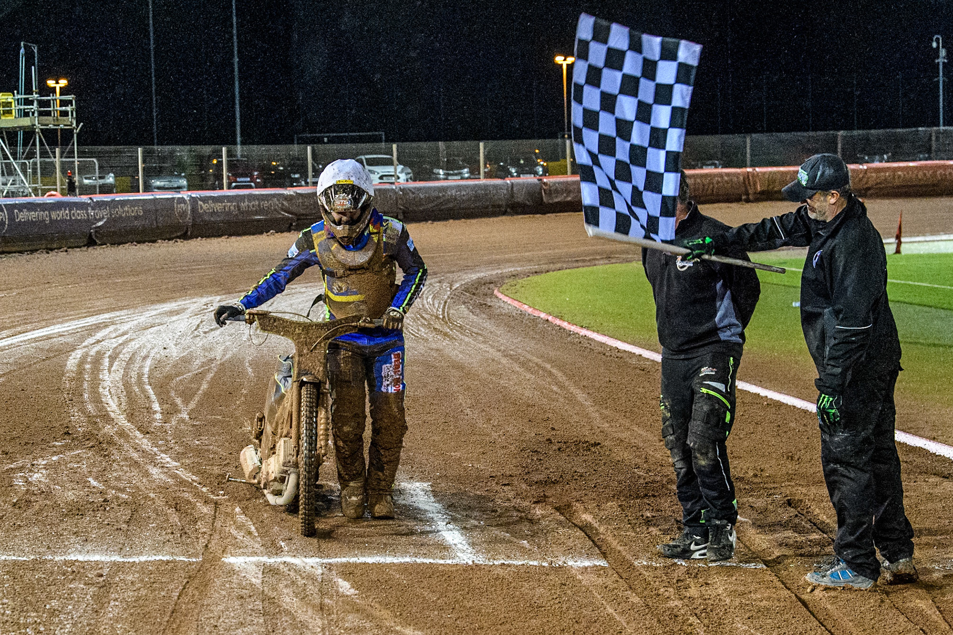 Sheffield Cubs' Nathan Ablitt crosses the finish line after pushing his bike for half a lap of the 380 meter track during the WSRA National Development League match between Belle Vue Colts and Sheffield Tiger Cubs at the National Speedway Stadium, Manchester on Monday 7th October 2024. (Photo: Ian Charles | MI News)