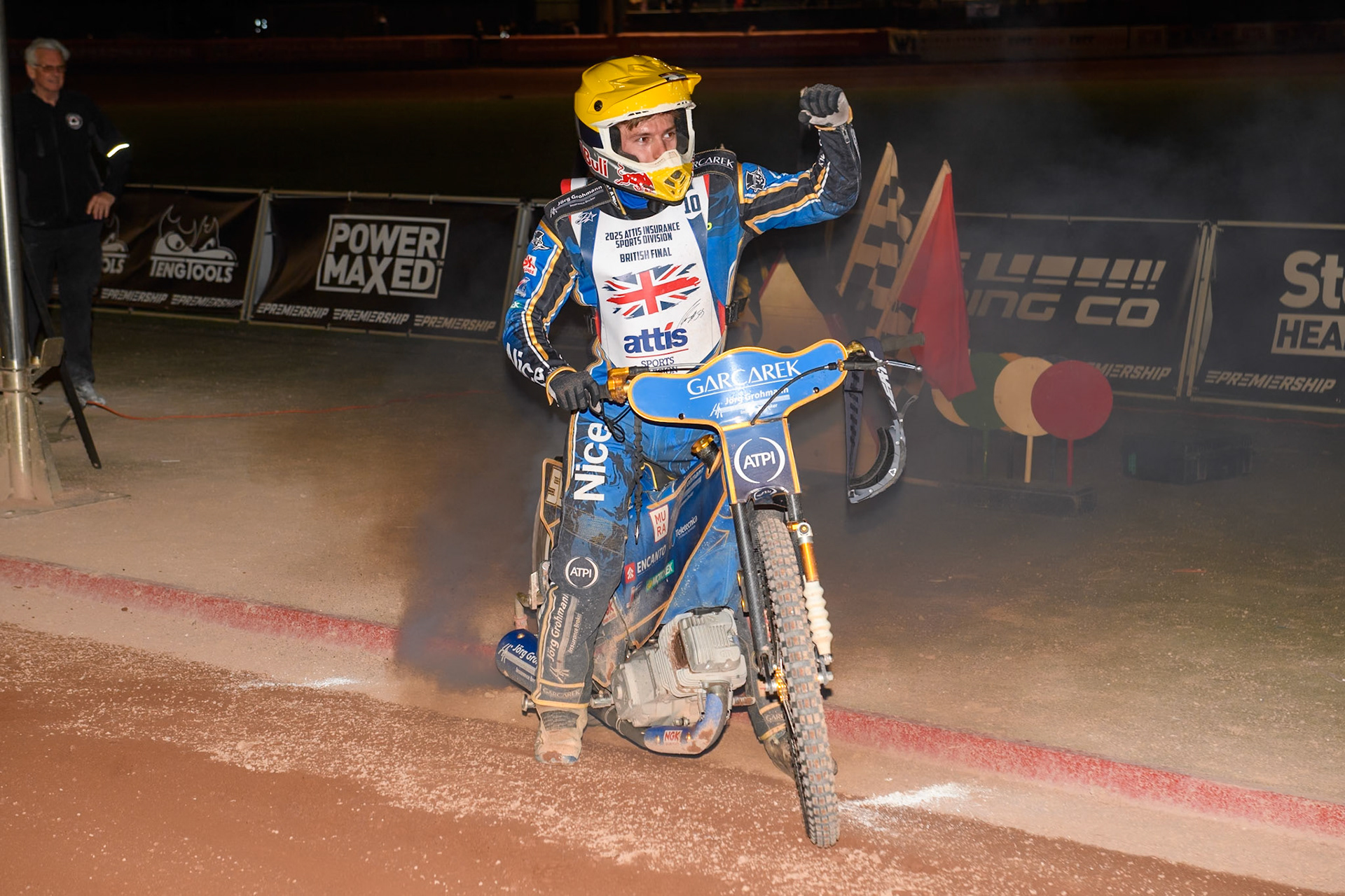 Robert Lambert celebrates his British Championship during the Attis Insurance Sports Division British Final at the National Speedway Stadium, Manchester on Monday 12th May 2025. (Photo: Ian Charles | MI News)