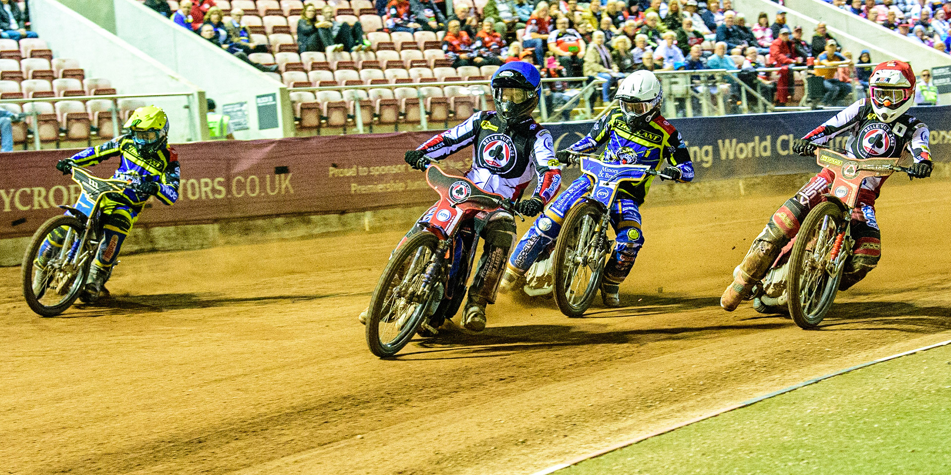 Brady Kurtz  (Blue) leads Nikolai Klindt  (White) and Max Fricke  (Red) during the SGB Premiership match between Belle Vue Aces and Sheffield Tigers at the National Speedway Stadium, Manchester on Monday 5th September 2022. (Credit: Ian Charles | MI News)