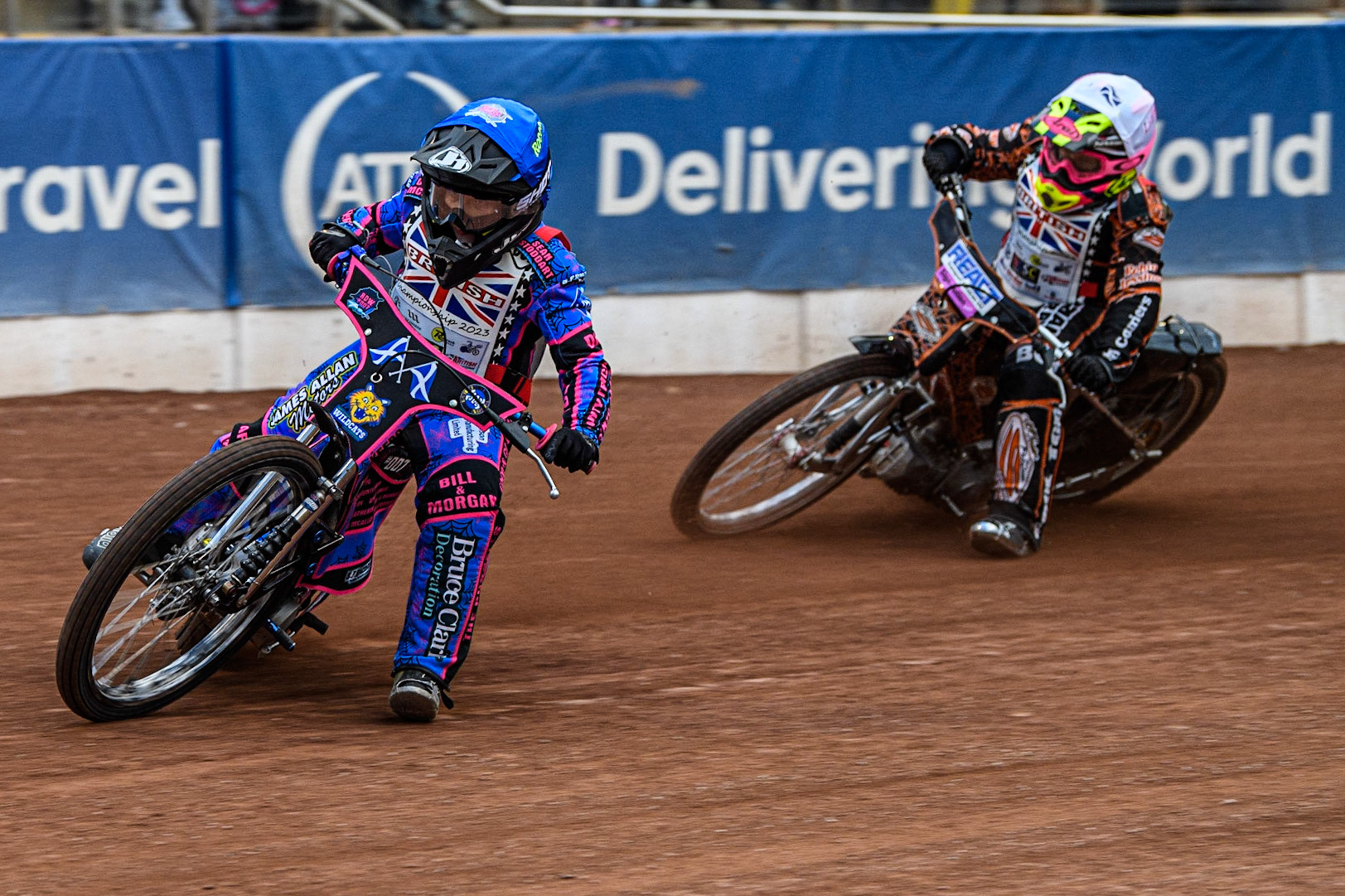 Rocco Webb (Blue) leads Liam Morris (White) in the support final during the British Youth Championships at the National Speedway Stadium, Manchester on Friday 12th May 2023. (Photo: Ian Charles | MI News)