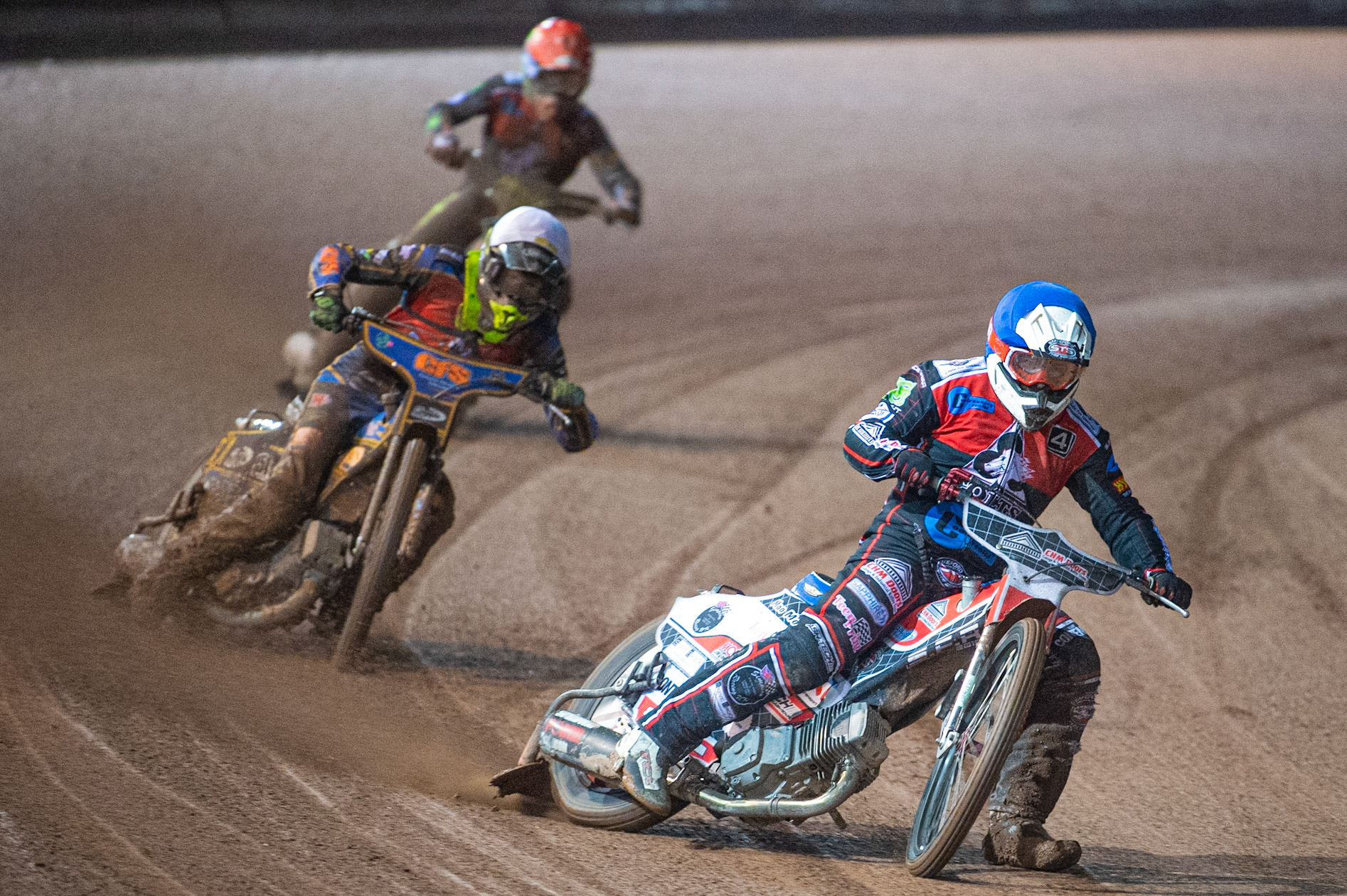 Photo: Ian Charles

Danny Phillips (Blue) leads Anders Rowe (White) and Kyle Bickley  (Red)  

Belle Vue Colts v Kent Kings, SGB National League Play Offs, Semi Final 1st Leg, Belle Vue National Speedway Stadium, Manchester, Friday 4  October  2019