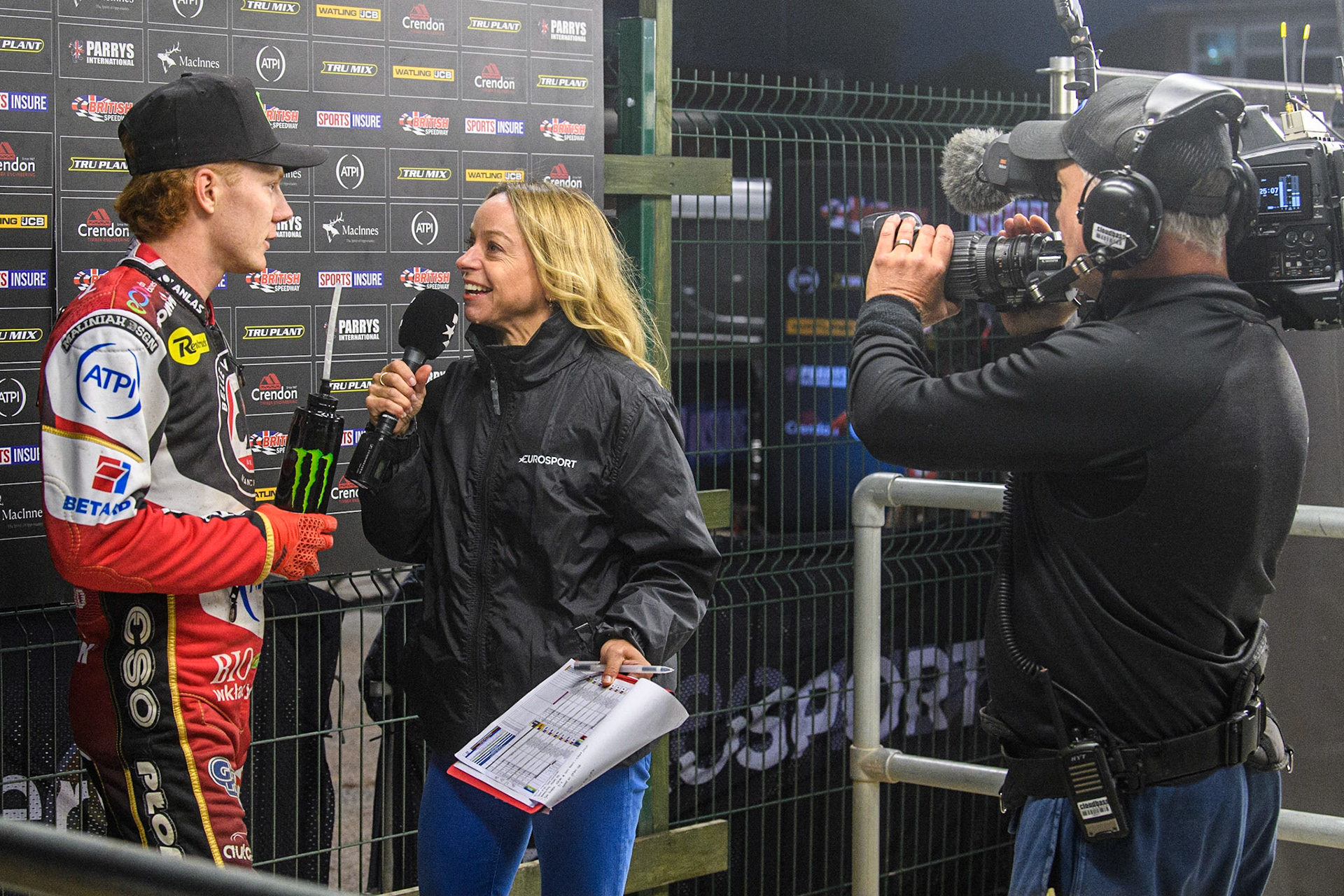 Dan Bewley is interviewed by Abi Stevens for the Eurosport cameras during the Sports Insure Premiership match between Belle Vue Aces and Sheffield Tigers at the National Speedway Stadium, Manchester on Monday 7th August 2023. (Photo: Ian Charles | MI News)