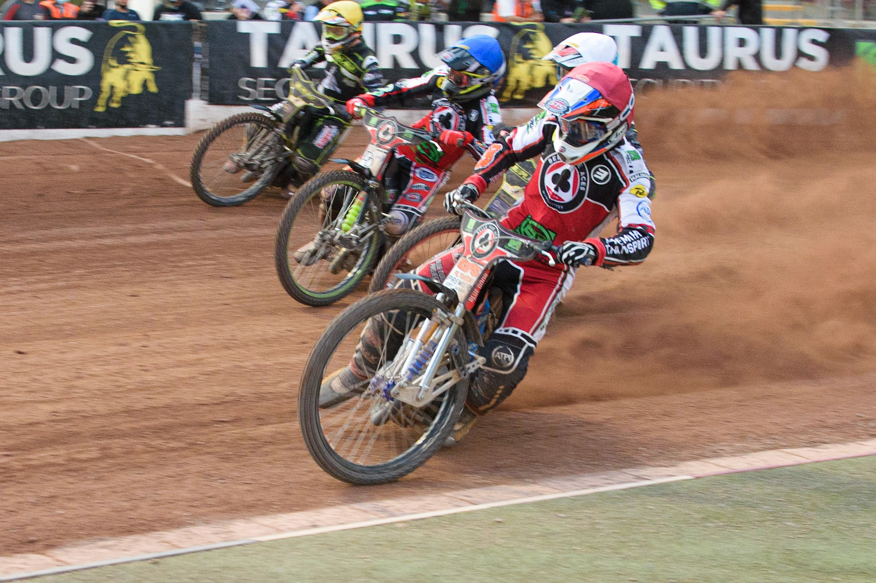 MANCHESTER, UK. JUNE 7TH   Steve Worrall  (Red) leads Drew Kemp (White), Charles Wright  (Blue) and Jake Allen  (Yellow) during the SGB Premiership match between Belle Vue Aces and Ipswich Witches at the National Speedway Stadium, Manchester on Monday 7th June 2021. (Credit: Ian Charles | MI News)