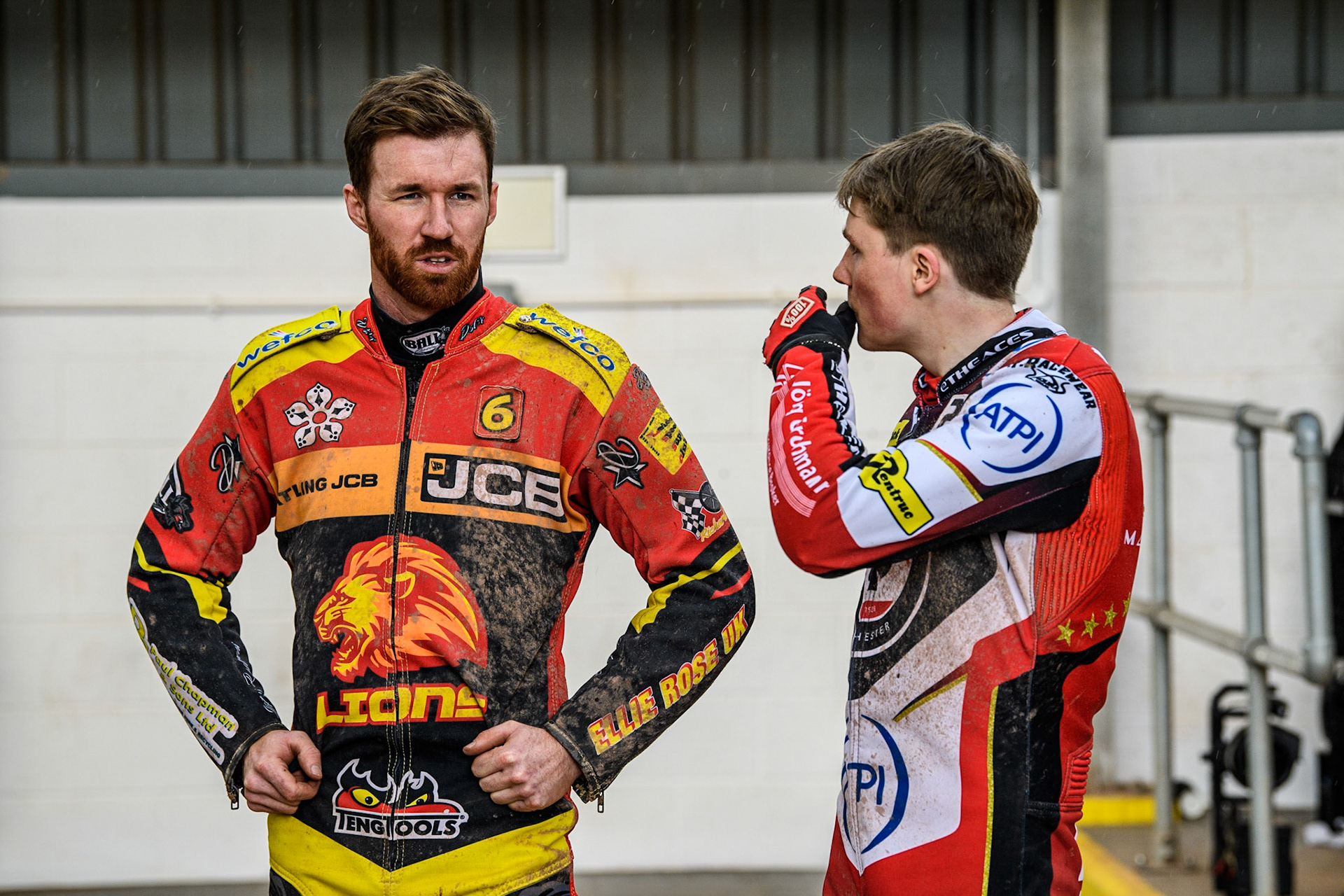Jake Allen  (left) chats with Norick Blodorn  during the SGB Premiership match between Belle Vue Aces and Leicester Lions at the National Speedway Stadium, Manchester on Monday 1st May 2023. (Photo: Ian Charles | MI News)