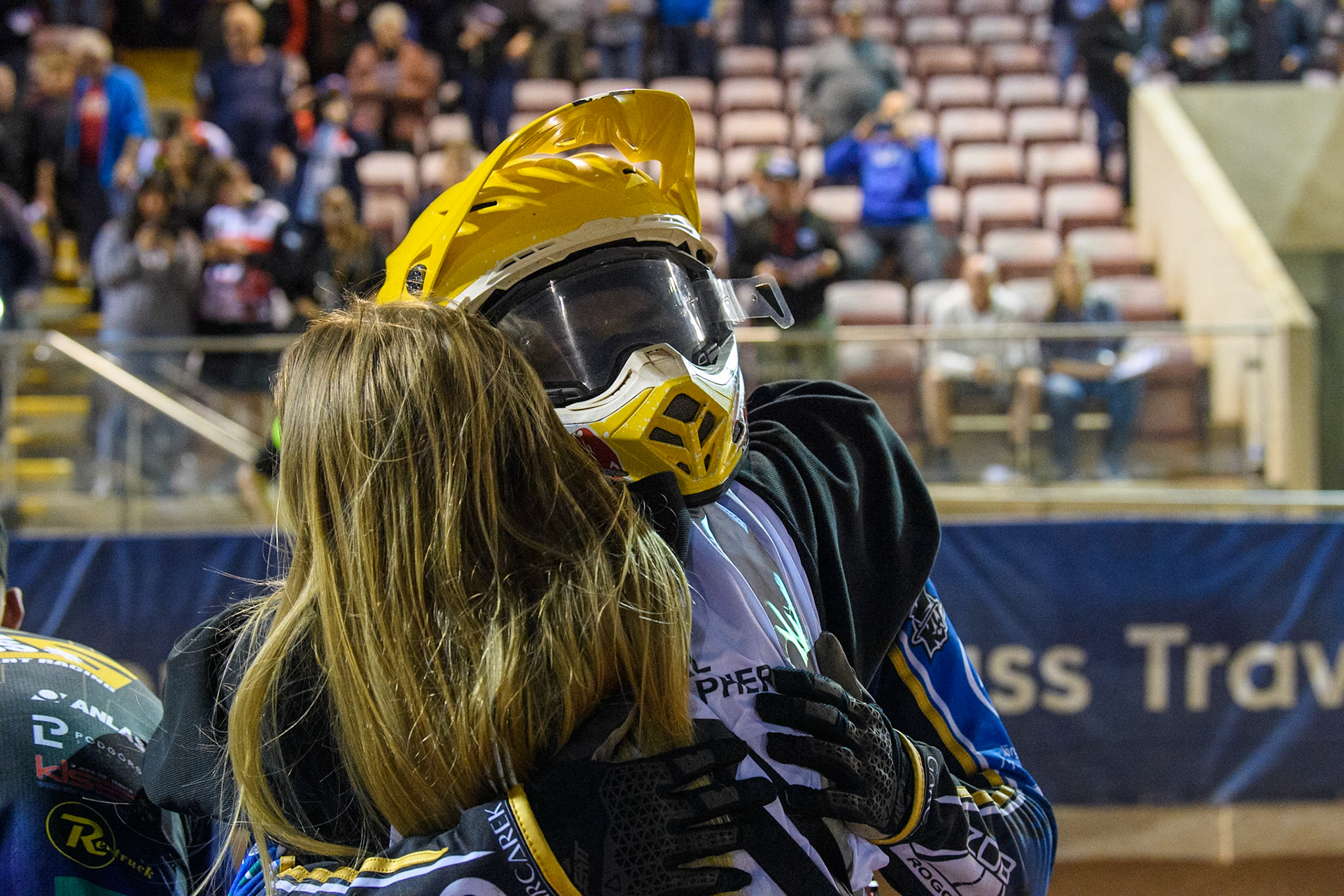 Robert Lambert gets a hug from his wife Julia after winning the British Final during the Attis Insurance Sports Division British Final at the National Speedway Stadium, Manchester on Monday 12th May 2025. (Photo: Ian Charles | MI News)