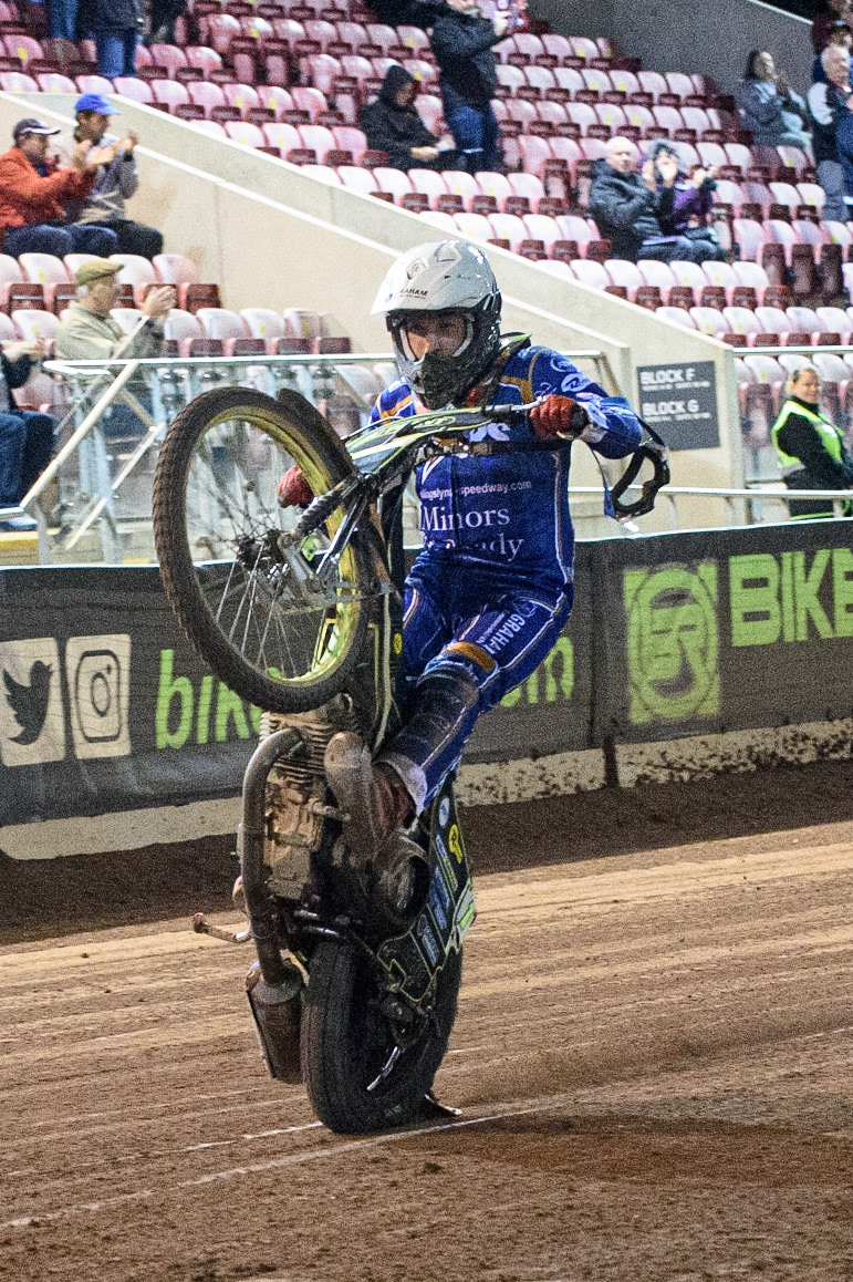 MANCHESTER, UK. SEPT 13TH  Craig Cook  wheelies during the SGB Premiership match between Belle Vue Aces and King's Lynn Stars at the National Speedway Stadium, Manchester on Monday 13th September 2021. (Credit: Ian Charles | MI News)