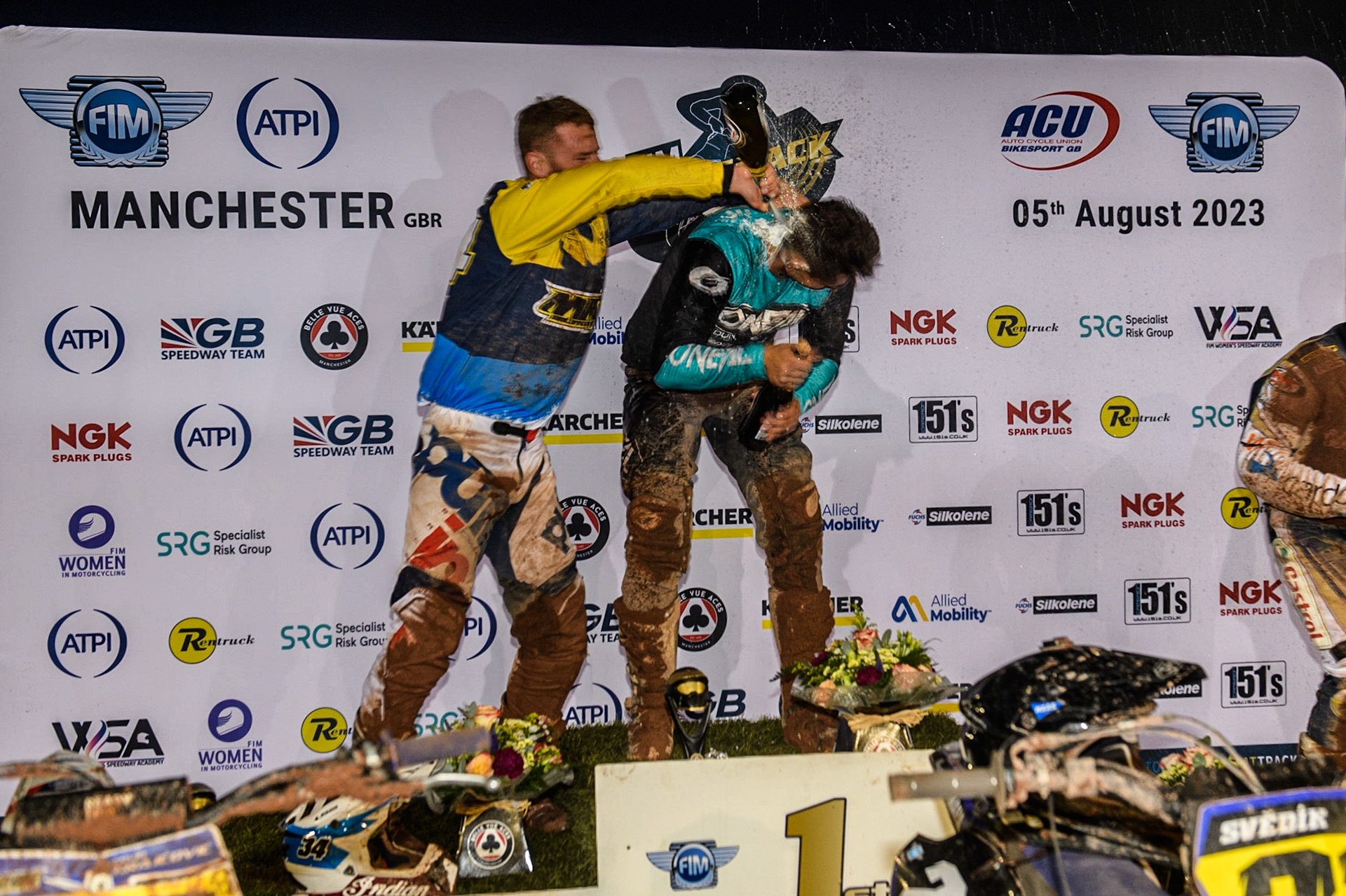 Champagne capers during the FIM World Flat Track Championship Round 1 at the National Speedway Stadium, Manchester on Saturday 5th August 2023. (Photo: Ian Charles | MI News)