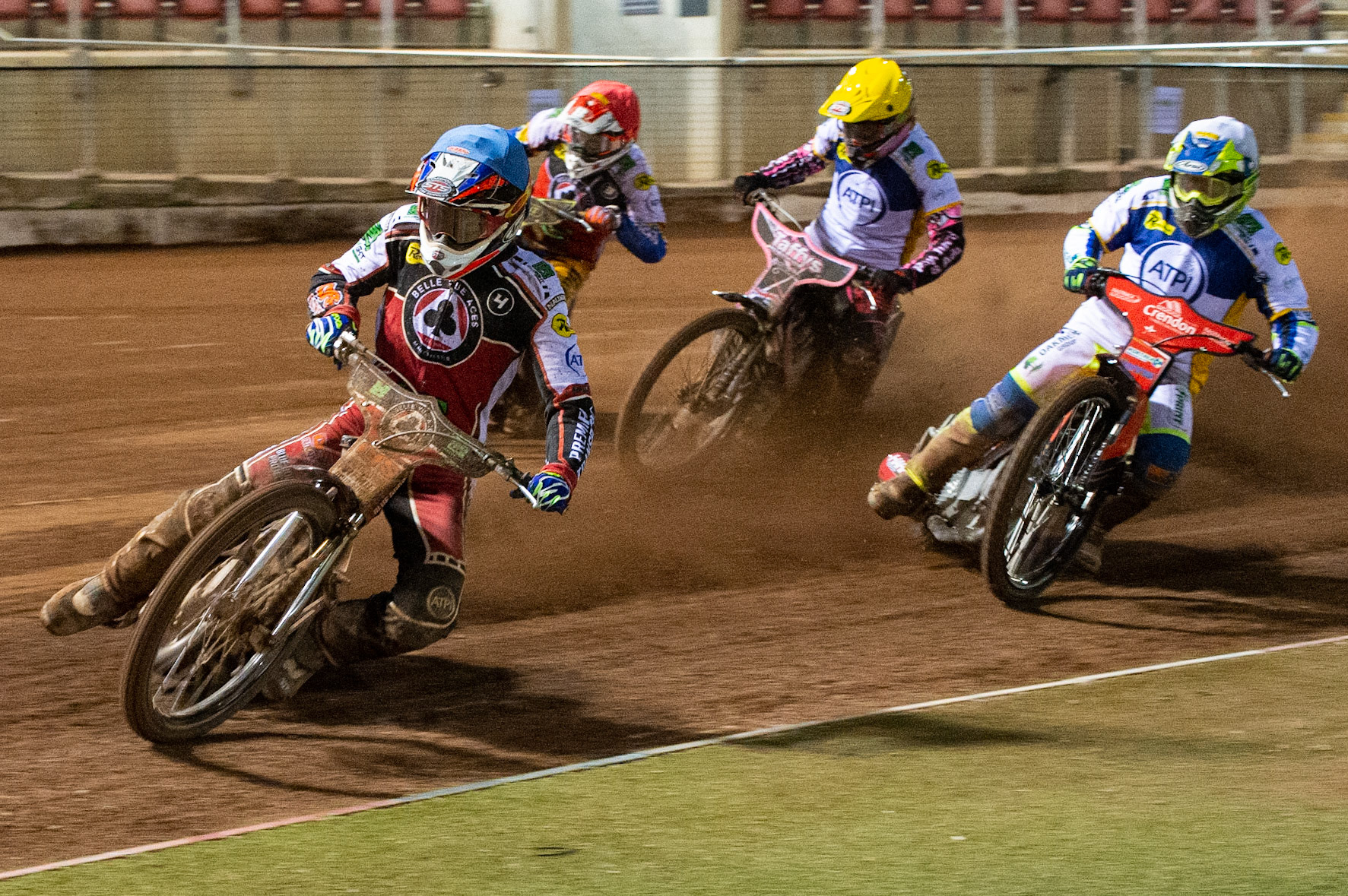 Photo: Ian CharlesSteve Worrall of the  Belle Vue 'BikeRight' Aces  (Blue) leads Chris Harris of the 'ATPI' All Stars (White), Leon Flint of the 'ATPI' All Stars (Yellow) and Jason Crump of Belle Vue 'BikeRight' Aces  (Red) into the first turnBelle Vue ‘Bikerite ’Aces v ‘ATPI’ All Stars, Premiership Challenge, National Speedway Stadium, Manchester Thursday  24  September  2020