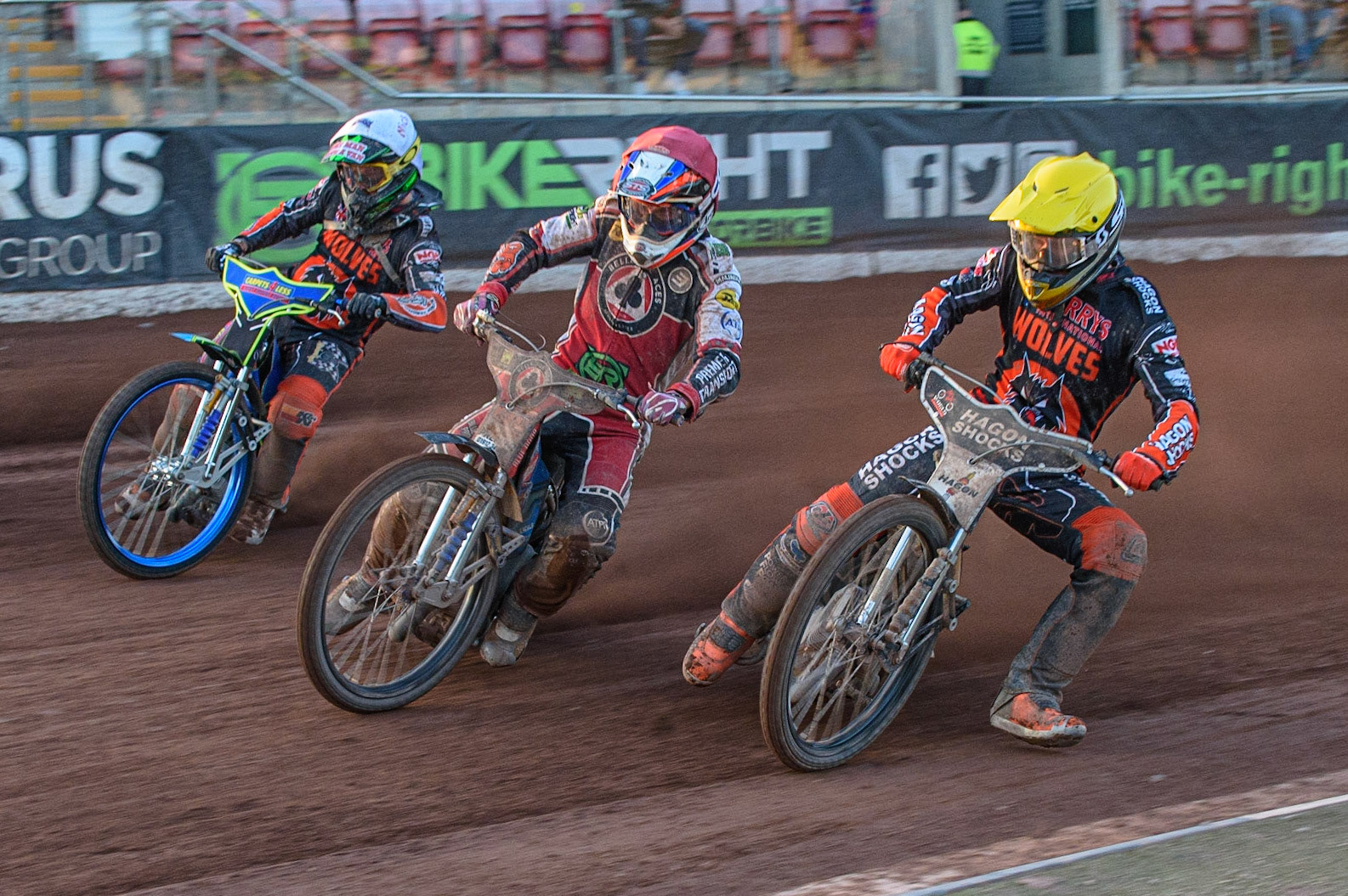 MANCHESTER, UK. JULY 15TH   Broc Nicol (Yellow) inside Steve Worrall (Red) and Nick Morris (White) during the SGB Premiership match between Belle Vue Aces and Wolverhampton Wolves at the National Speedway Stadium, Manchester on Thursday 15th July 2021. (Credit: Ian Charles | MI News)