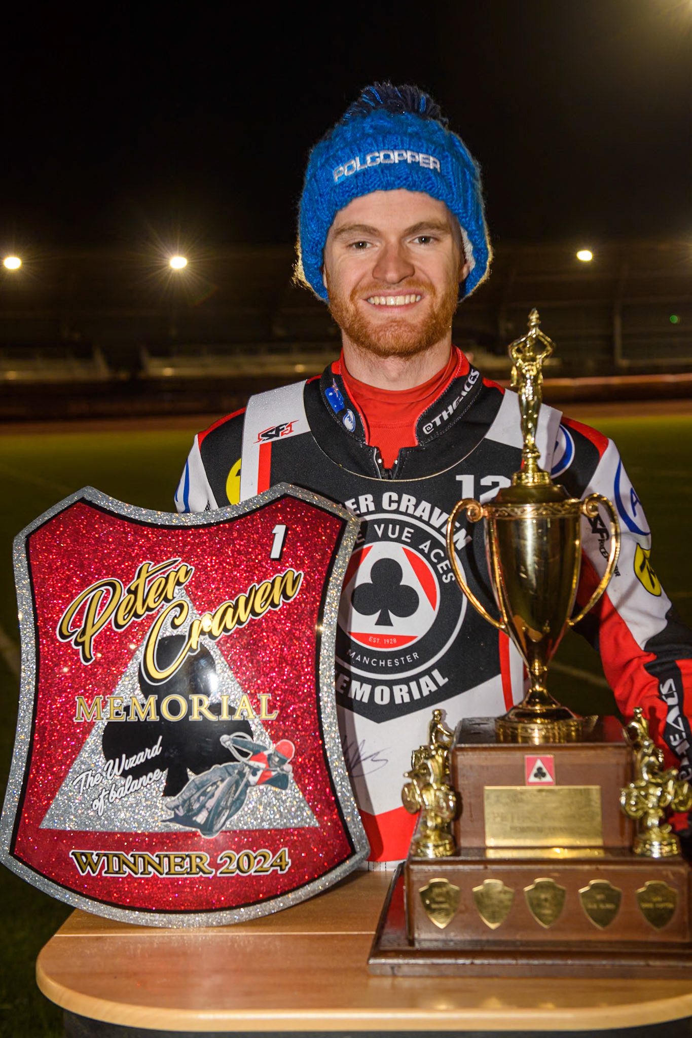 Peter Craven Trophy Winner Australia's Brady Kurtz during the Peter Craven Memorial Trophy meeting at the National Speedway Stadium, Manchester on Monday 18th March 2024. (Photo: Ian Charles | MI News)