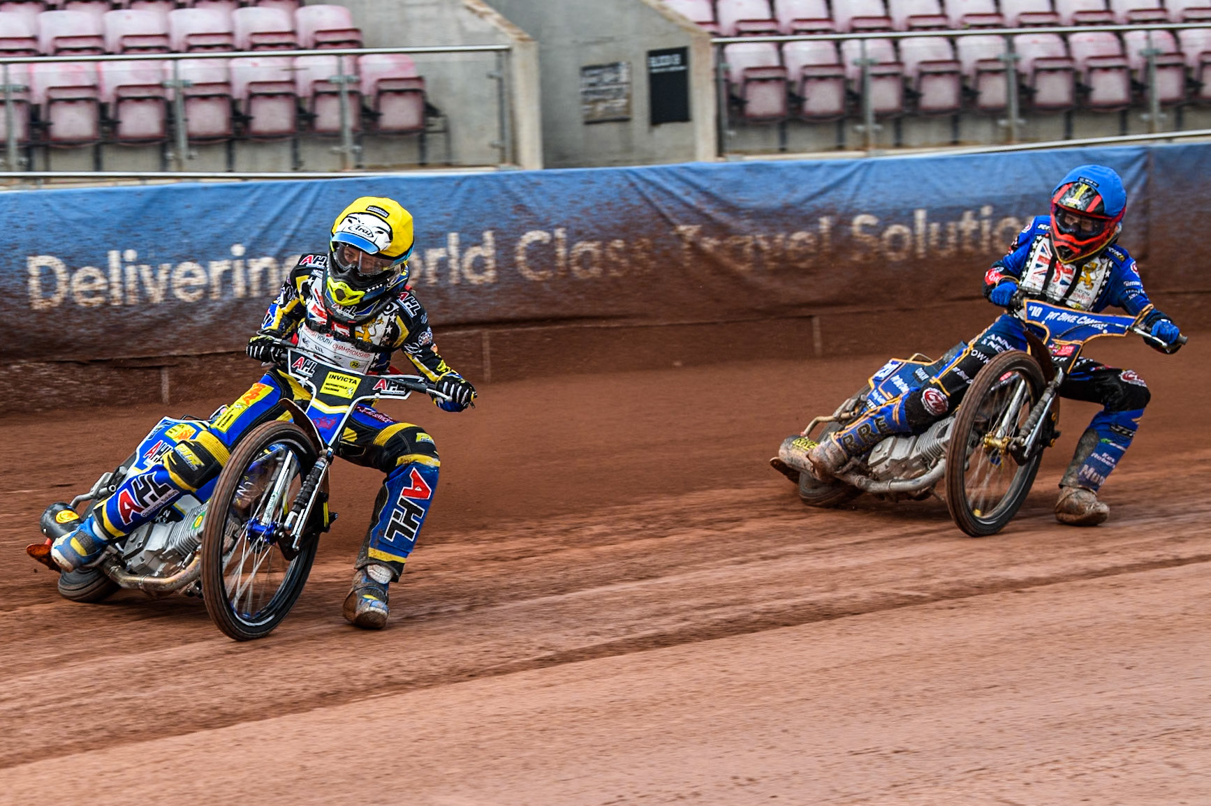 Jamie Etherington (500cc)  in Yellow leading Ryan Ingram (500cc)   in Blue during the British Youth 500cc Championships at the National Speedway Stadium, Manchester on Friday 2nd August 2024. (Photo: Ian Charles | MI News)