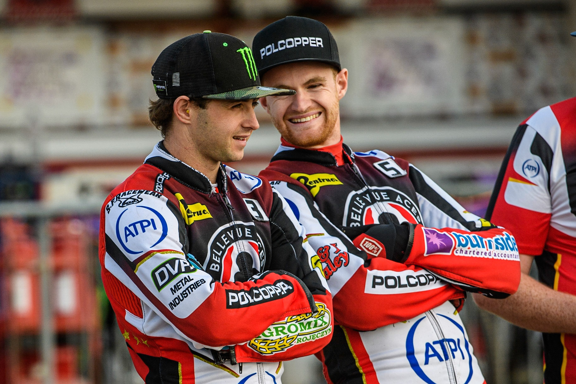 Jaimon Lidsey (left)’ and Brady Kurtz share a joke during the Sports Insure Premiership match between Peterborough and Belle Vue Aces at East of England Showground, Peterborough on Monday 26th June 2023. (Photo: Ian Charles | MI News)
