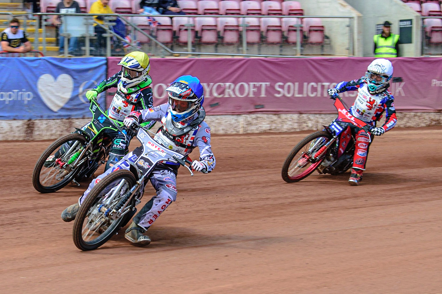 MANCHESTER, UK. JUN 3RD Sonny Springer (86)  (Blue) leads Luke Harrison (9) (Yellow) and Charlie Wood (33)  (White) during the British Youth Speedway Championship (Round 4)  at the National Speedway Stadium, Manchester on Friday 3rd June 2022. (Credit: Ian Charles | MI News)