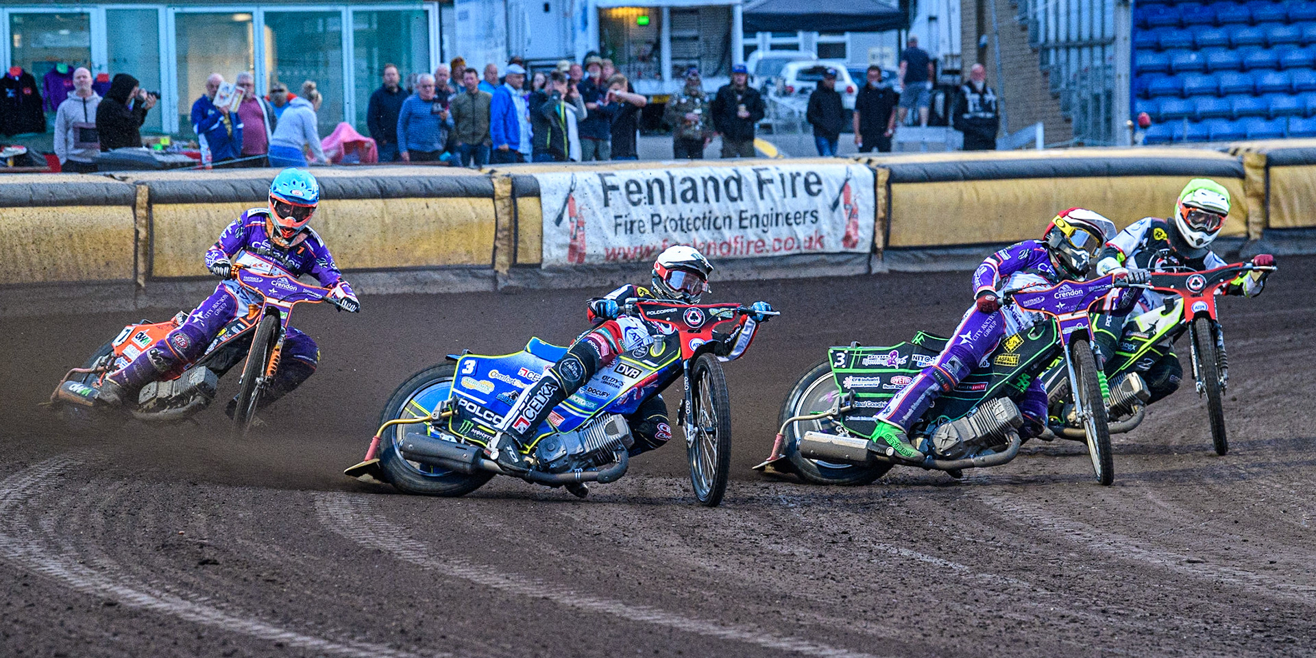 (l - r) Jordan Jenkins (Blue), Jaimon Lidsey (White), Benjamin Basso (Red) and Keynan Rew (Yellow) during the Sports Insure Premiership match between Peterborough and Belle Vue Aces at East of England Showground, Peterborough on Monday 26th June 2023. (Photo: Ian Charles | MI News)