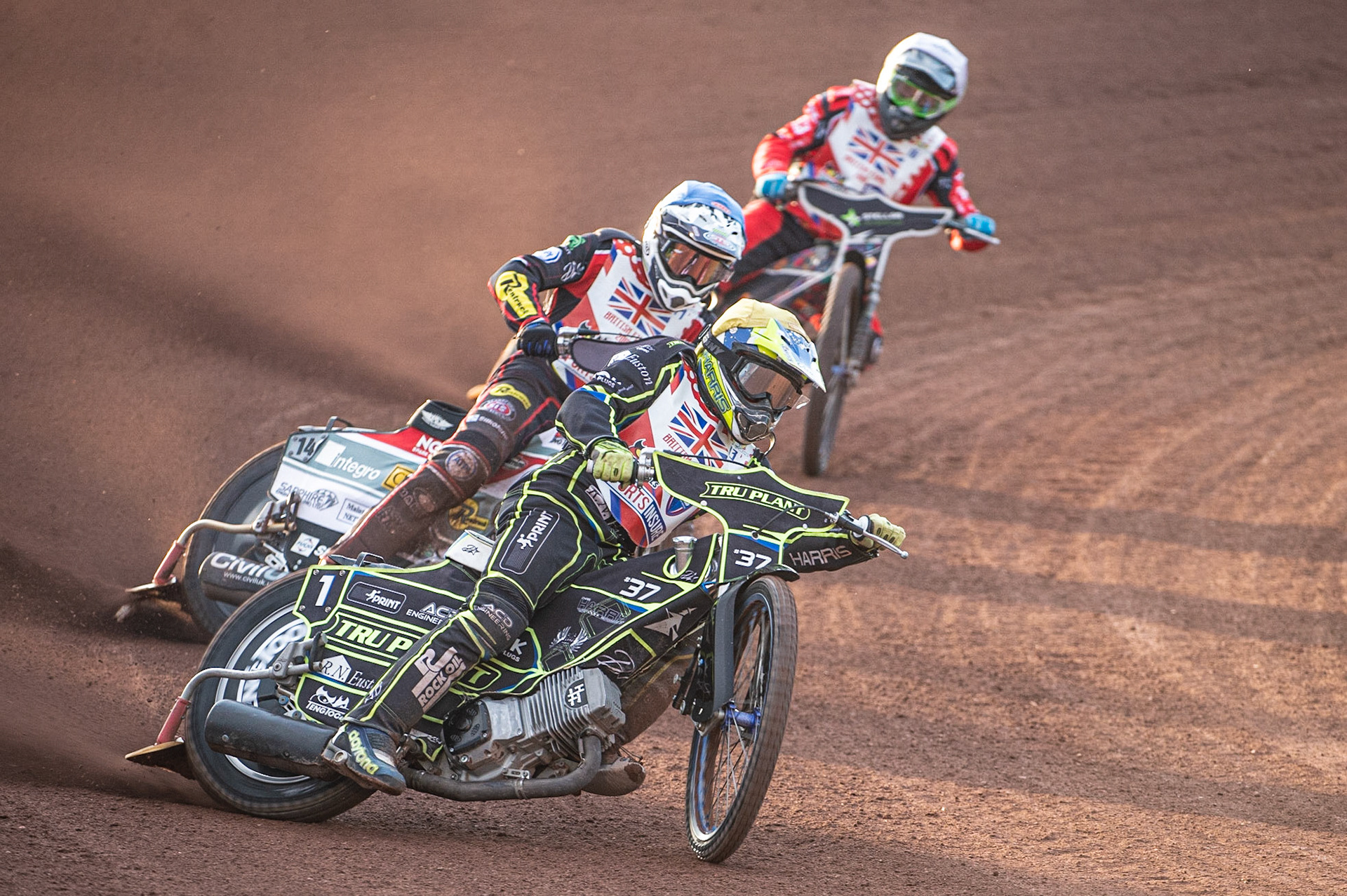 Photo: Ian Charles

Chris Harris (Yellow) leads Steve Worrall (Blue) and Scott Nicholls (White)

Sports Insure British Final,  Belle Vue National Speedway Stadium, Manchester Monday 29  July  2019