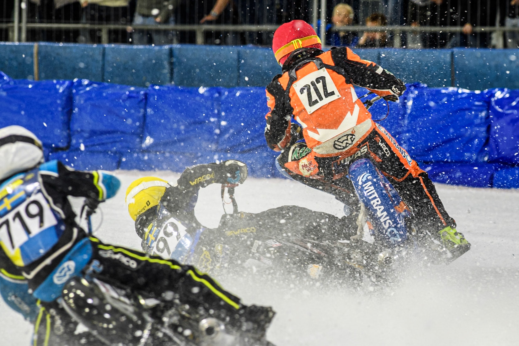 Martin Haarahiltunen (199) of Sweden loses control of his bike during the FIM Ice Speedway Gladiators World Championship, Final 3 at the Ice Stadium, Thialf, Heerenveen on Saturday 5th April 2025. (Photo: Ian Charles | MI News)